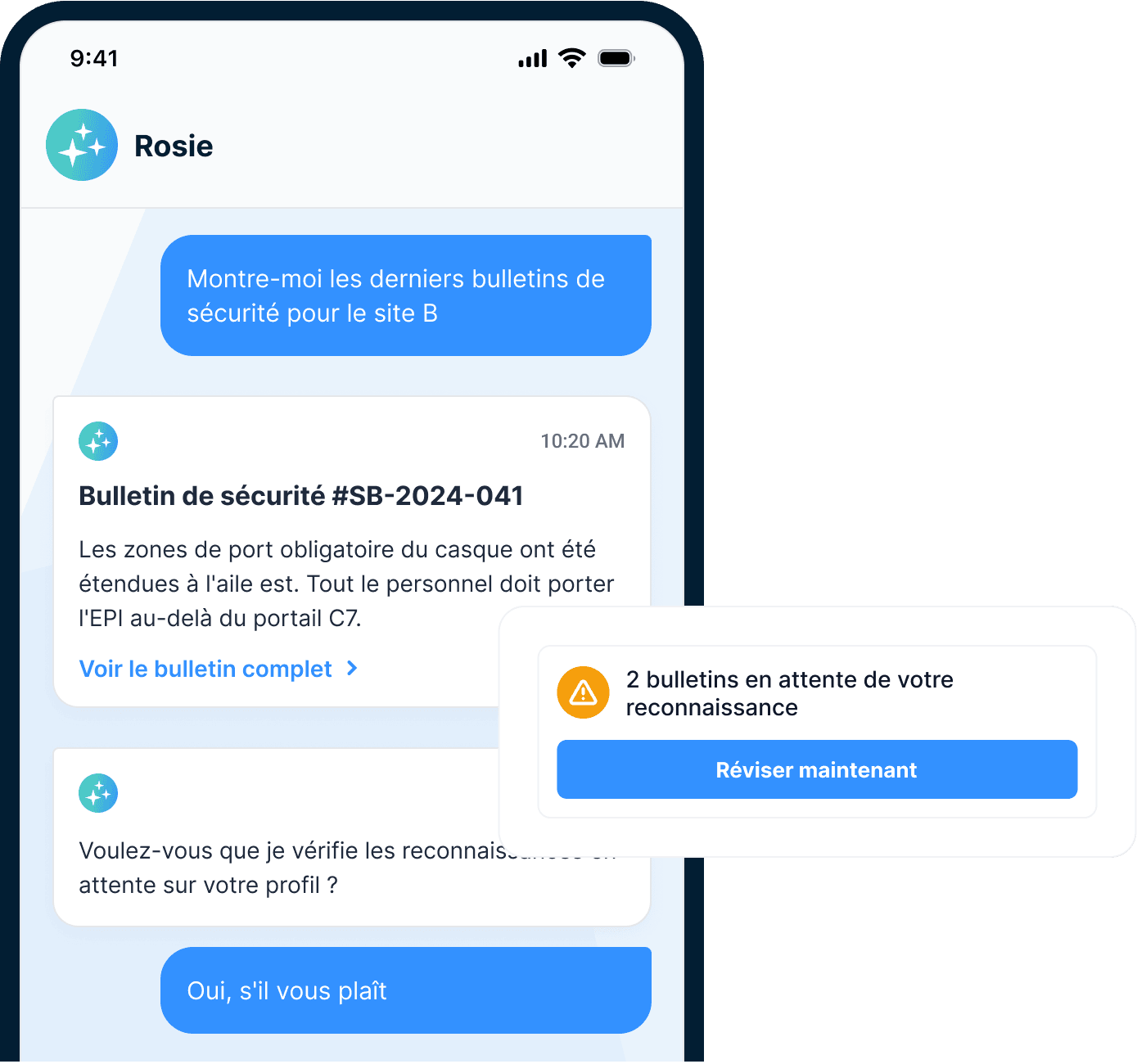 Clavardage Rosie faisant ressortir le plus récent bulletin de sécurité du chantier B sur l'agrandissement des zones à casque obligatoire, avec une carte signalant deux bulletins en attente de confirmation du travailleur