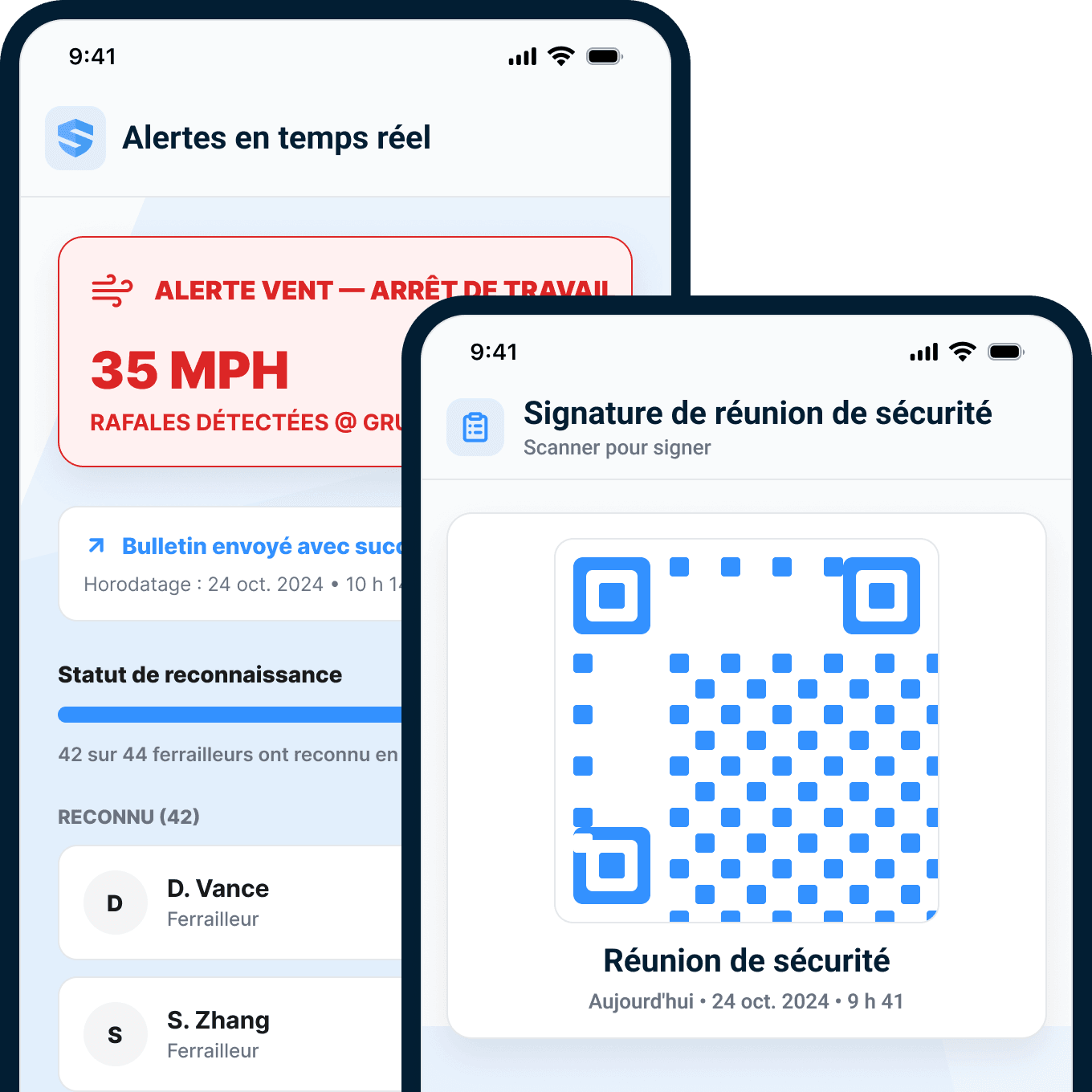 Écran de téléphone d'alertes en temps réel avec un bulletin d'arrêt préventif pour vents de 55 km/h envoyé avec succès et 42 monteurs d'acier sur 44 ayant confirmé, à côté d'un second téléphone affichant un code QR d'inscription à une pause-sécurité