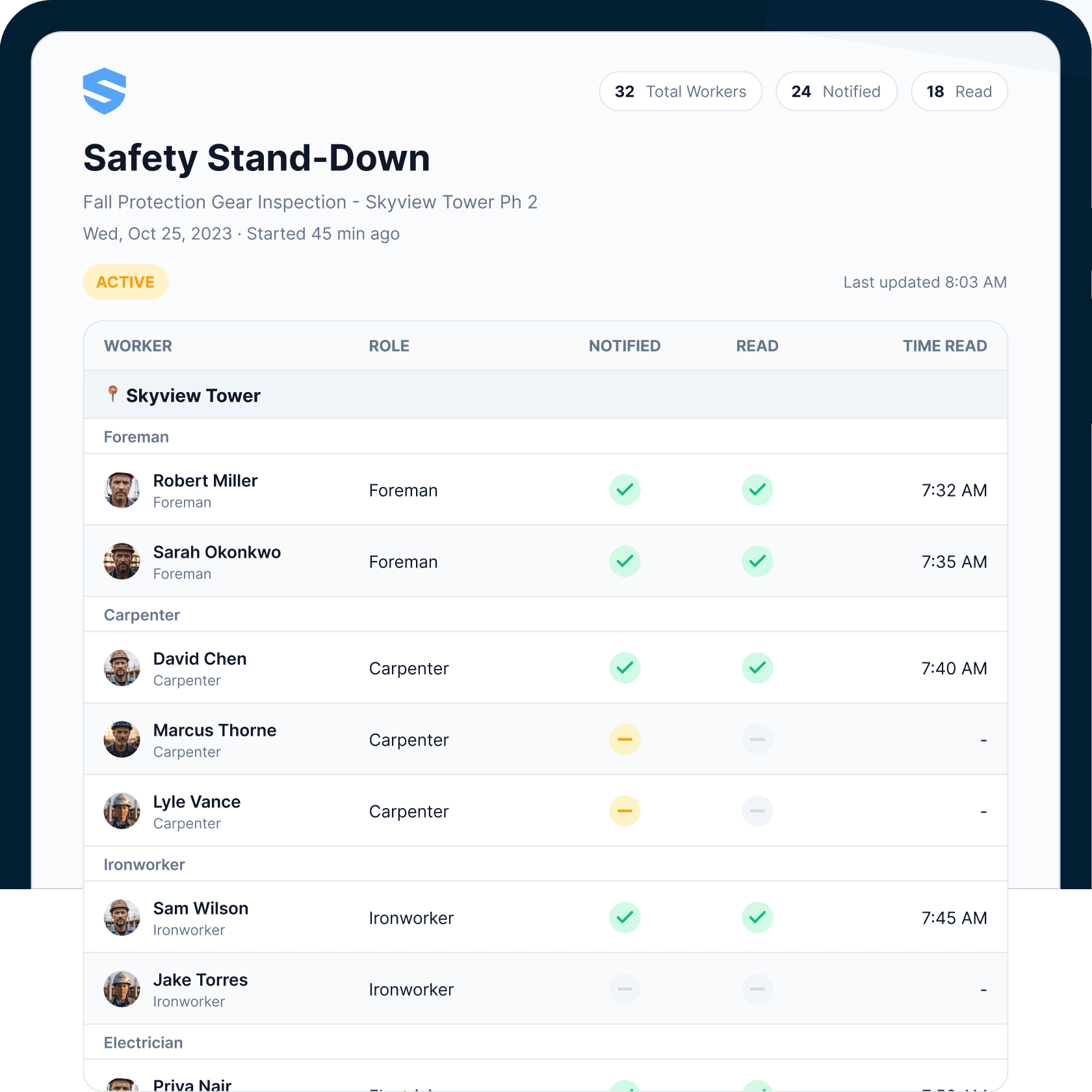 A stand-down record with per-worker timestamped acknowledgement, ready for an auditor