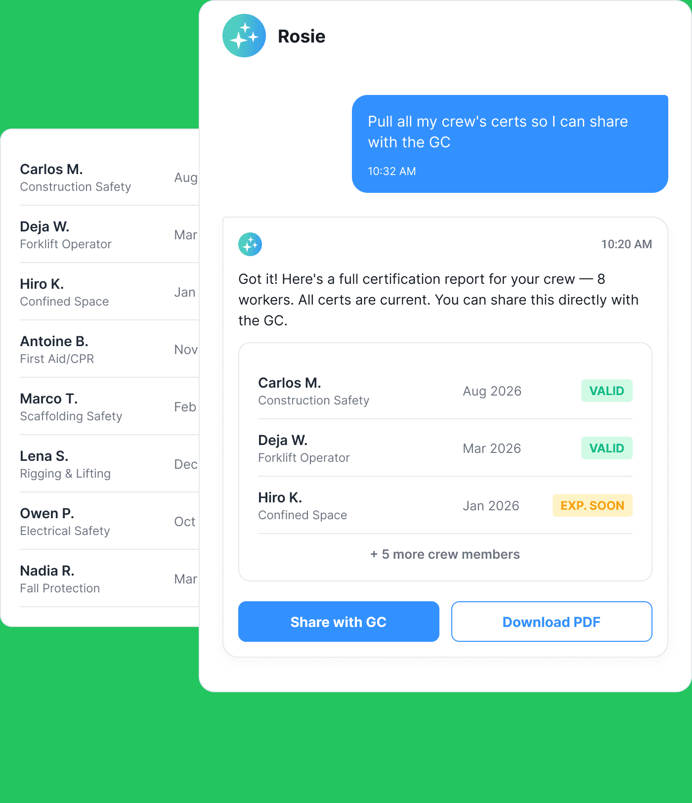 A Rosie chat showing 'Pull all my crew's certs' with a live credential breakdown