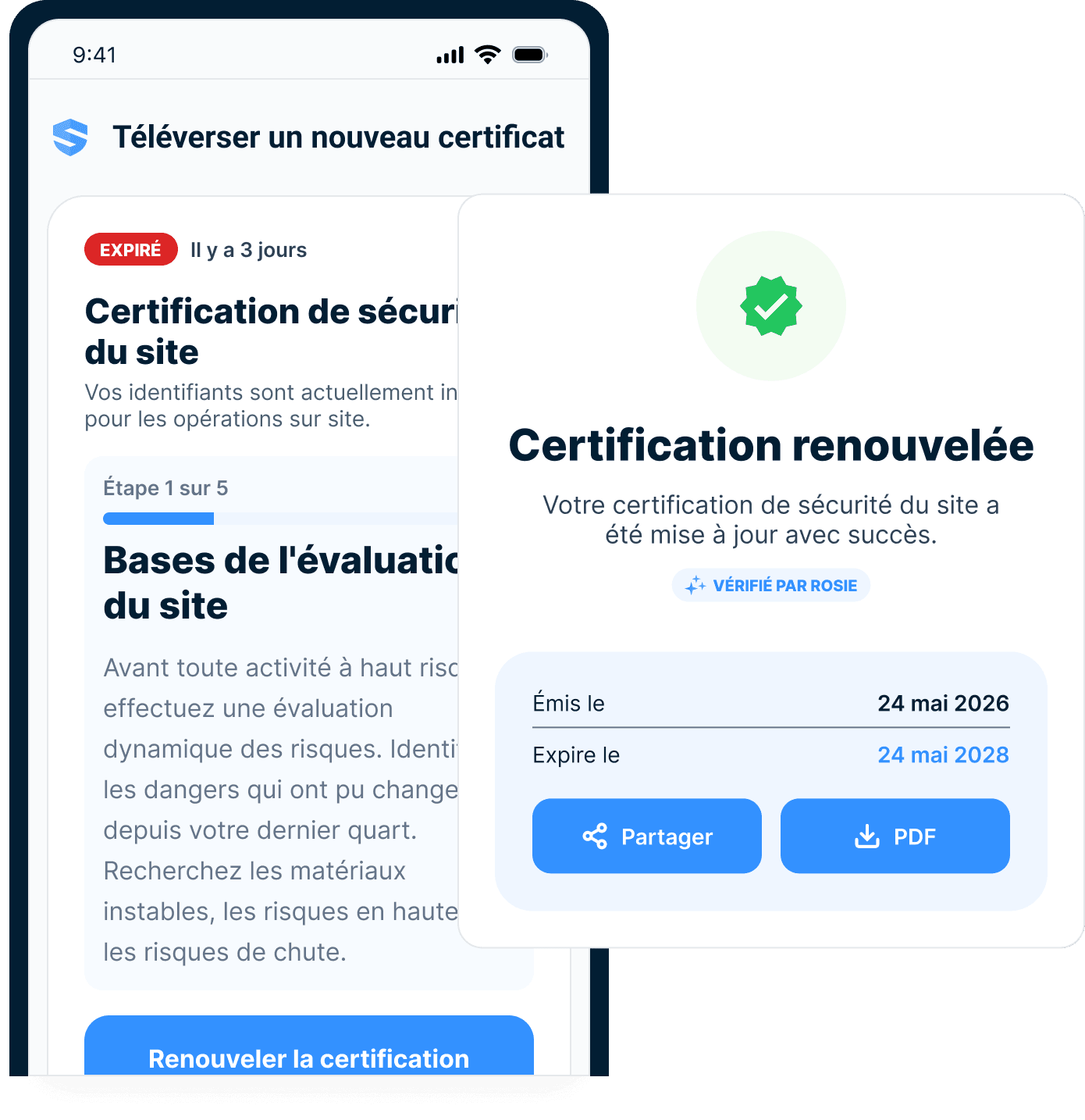 Un travailleur téléverse un nouveau certificat depuis son téléphone et voit « Certification renouvelée »