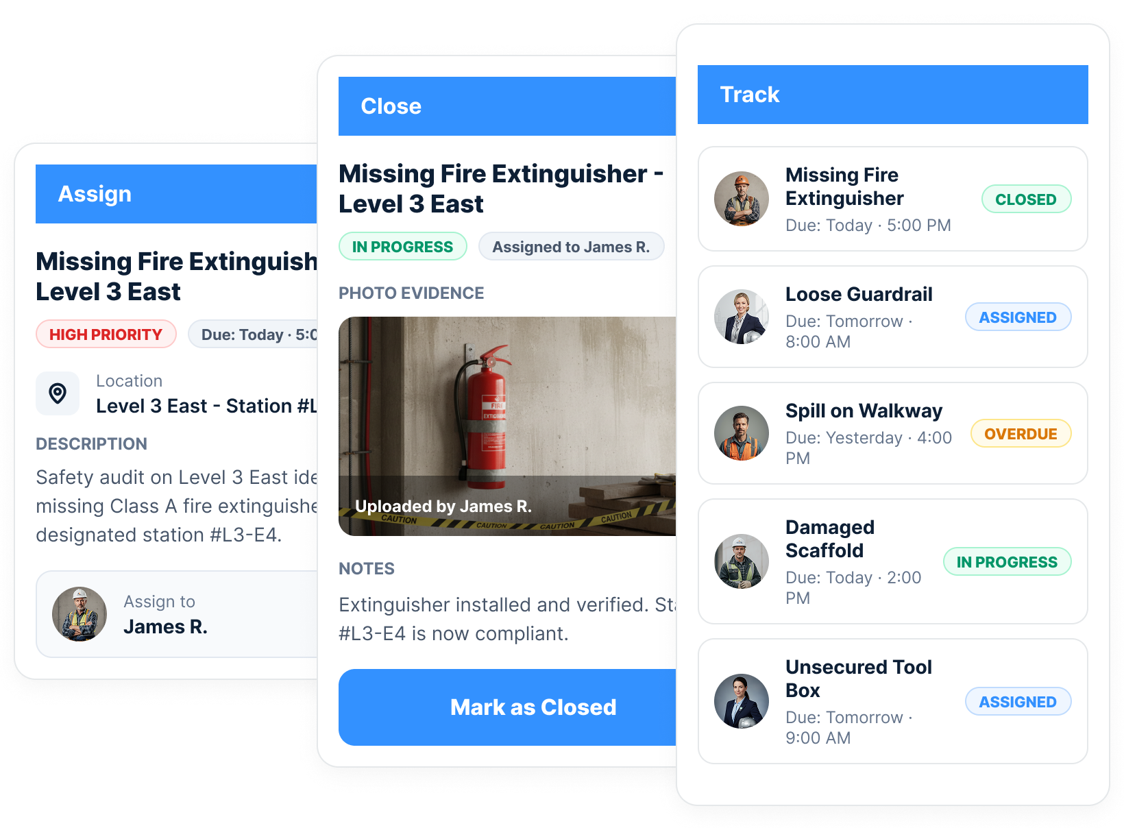 Three corrective-action screens showing a missing fire extinguisher assigned to James R., closed with photo evidence, and tracked alongside other actions and statuses