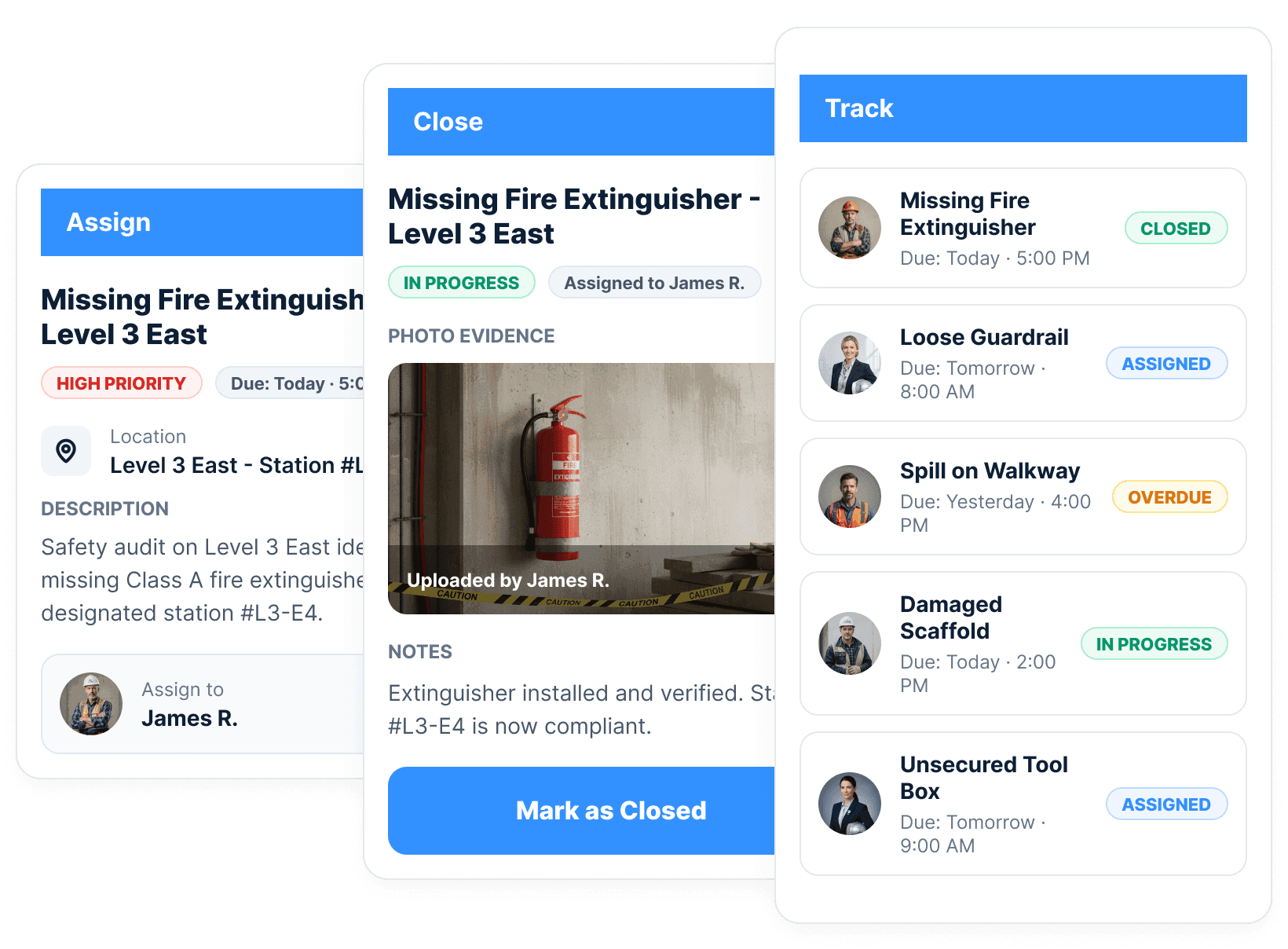 Three screens of one corrective action: assigning the missing fire extinguisher to James R., closing it with a photo of the installed extinguisher as evidence, and a track list of actions with statuses from assigned and overdue to closed