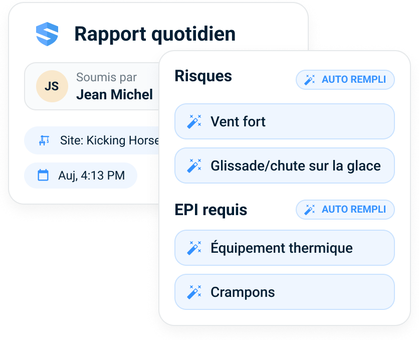 Rapport quotidien de sécurité du chantier avec dangers préremplis et EPI requis