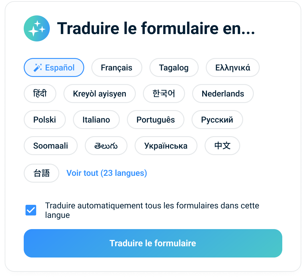 Sélecteur de langue pour la traduction des formulaires SALUS, avec 21+ langues