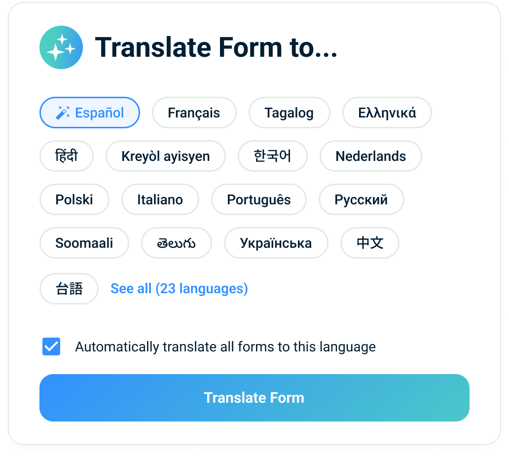 SALUS form translation language picker with 21+ languages