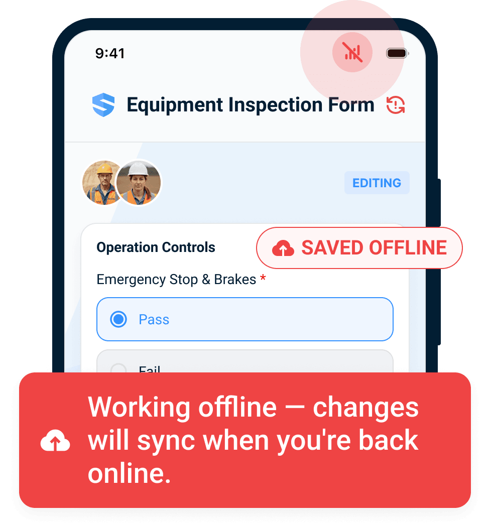Equipment inspection form being completed offline on a phone with a 'Saved offline' indicator