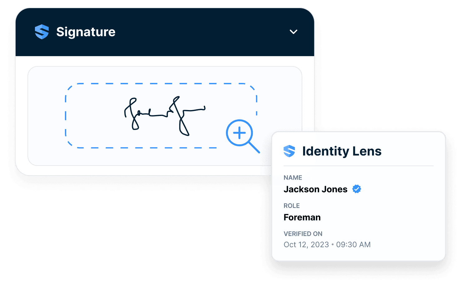 Verified signature with Identity Lens showing name, role and timestamp