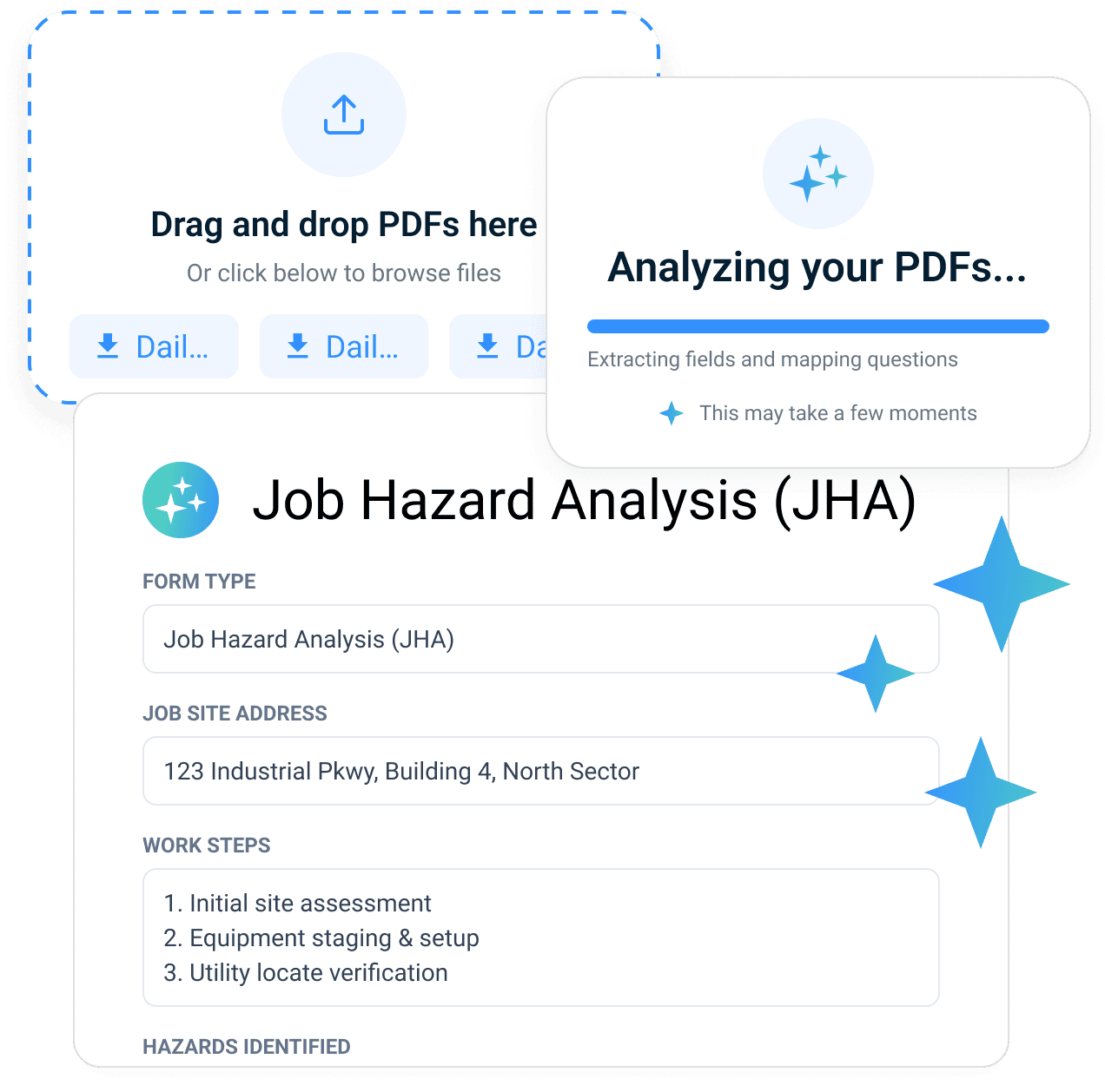 Drag and drop PDFs — Rosie extracts fields into a structured JHA
