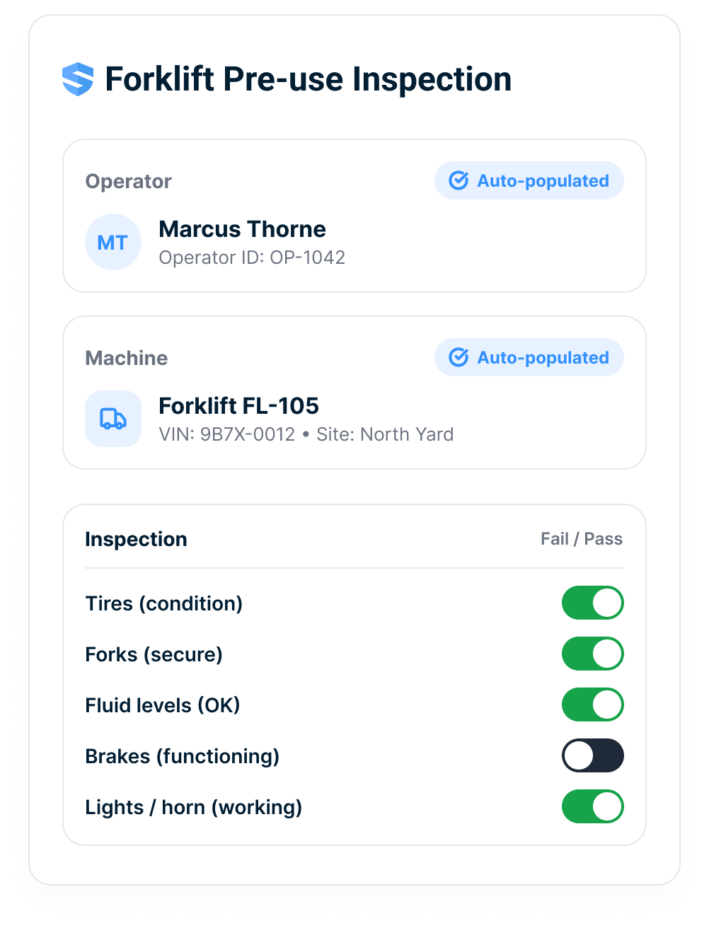 A pre-use equipment inspection with operator and machine details