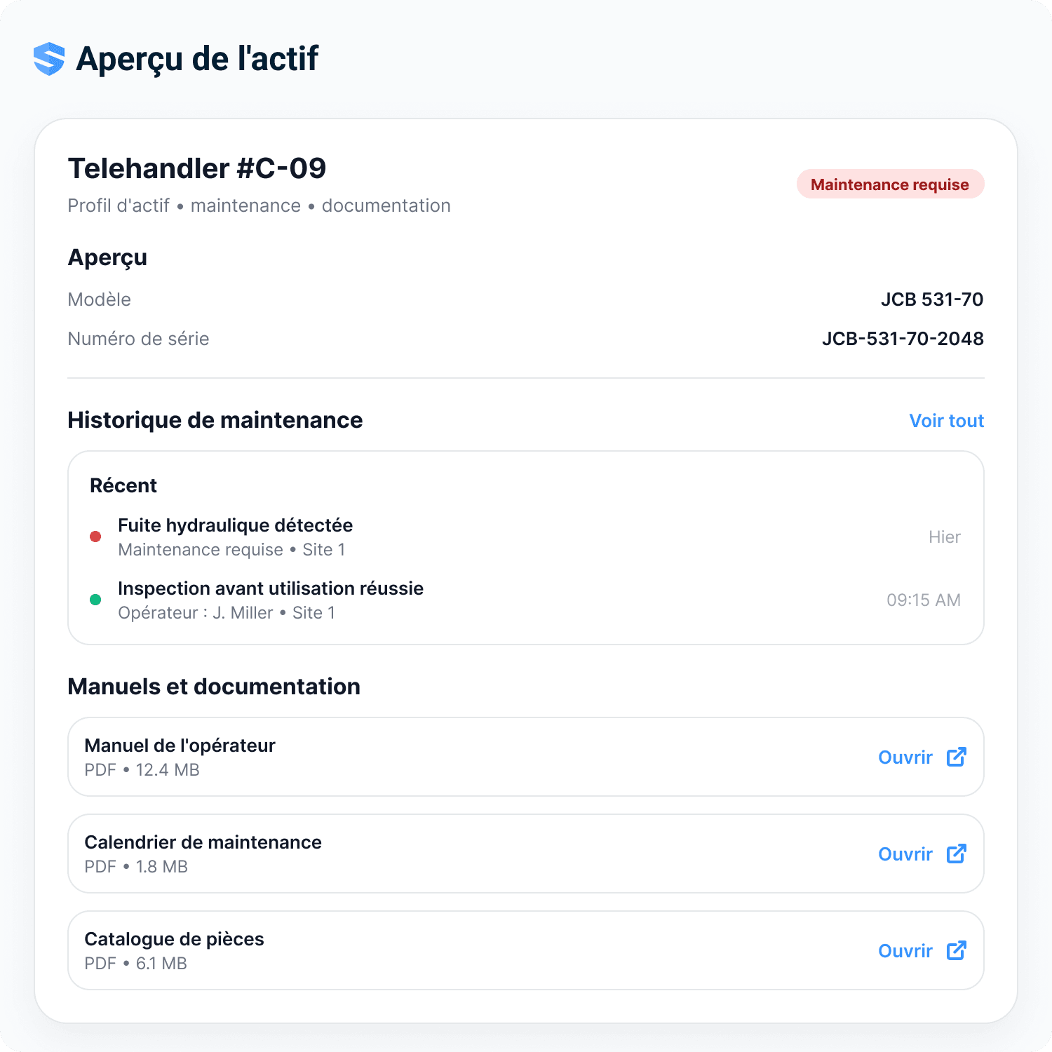 Aperçu d'actif pour un chariot télescopique avec historique d'entretien, manuels et documentation
