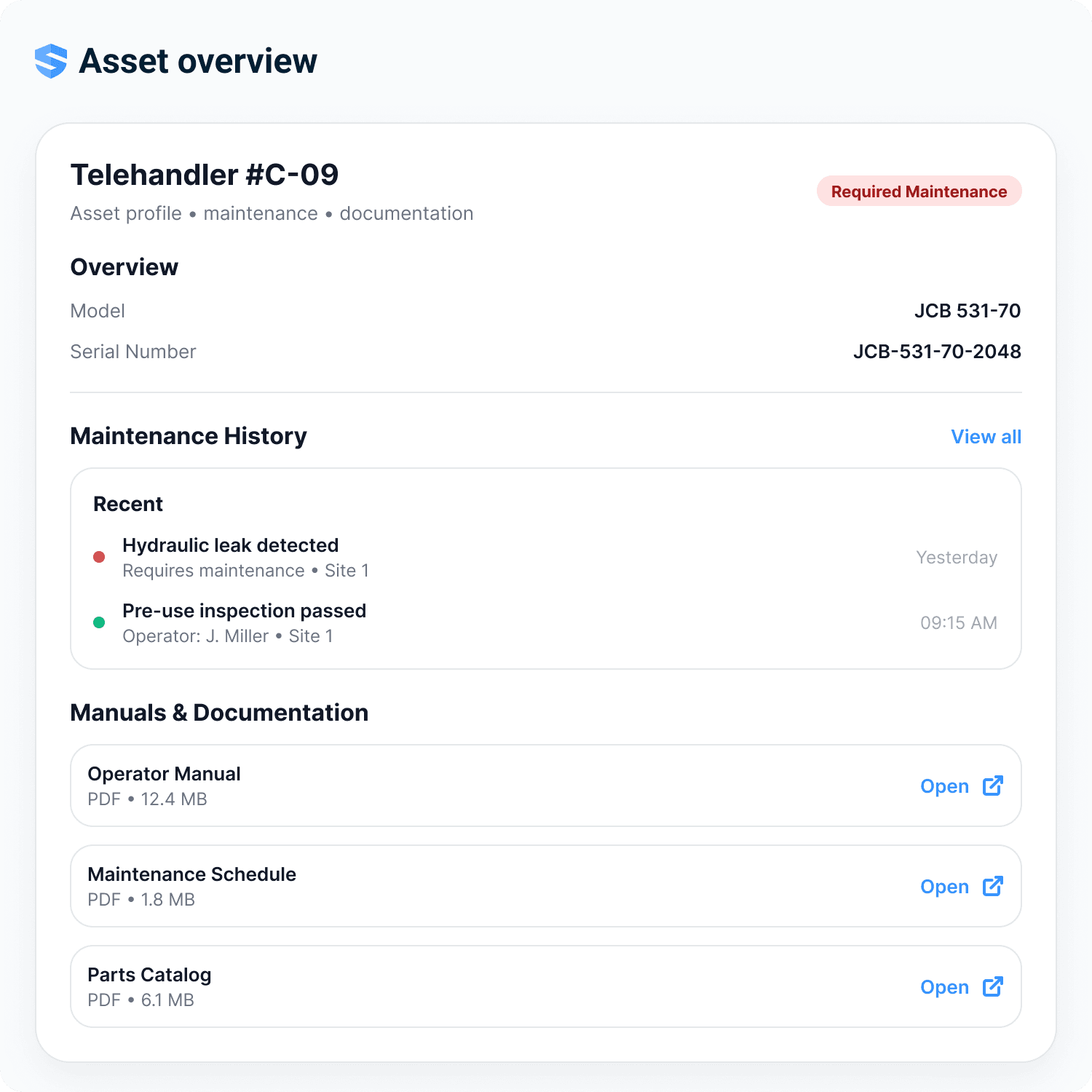 Asset overview for a telehandler with maintenance history, manuals, and documentation