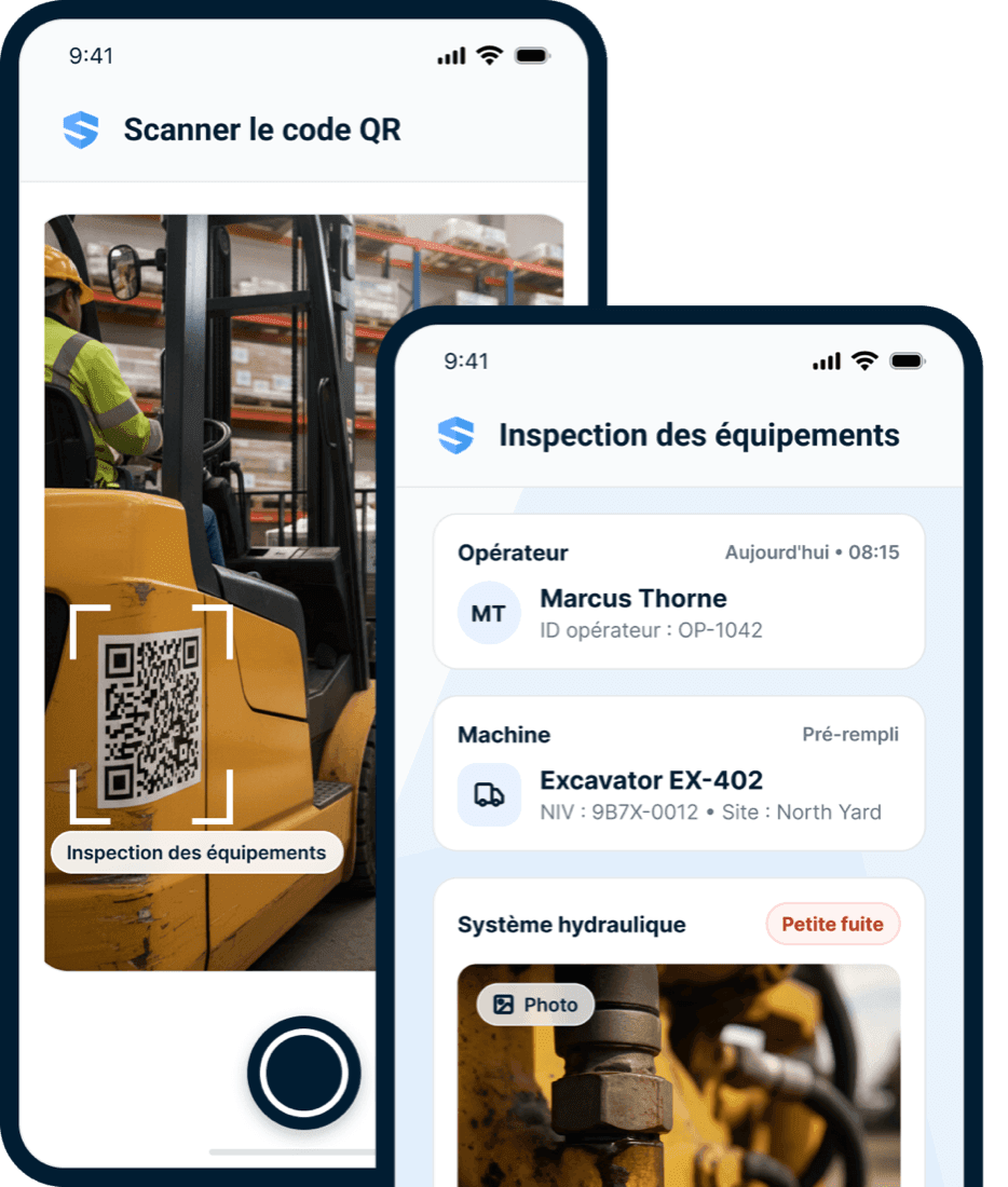 Code QR scanné sur un chariot élévateur ouvrant une inspection d'équipement préremplie avec les détails de l'opérateur et de la machine