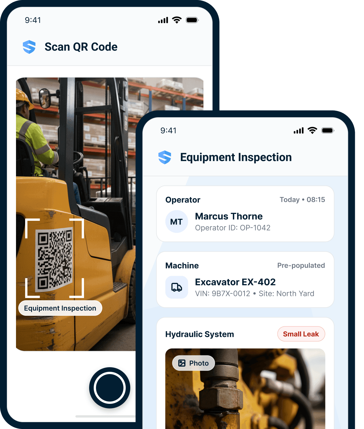 QR code scanned on a machine opens an equipment inspection pre-populated with the operator and machine details