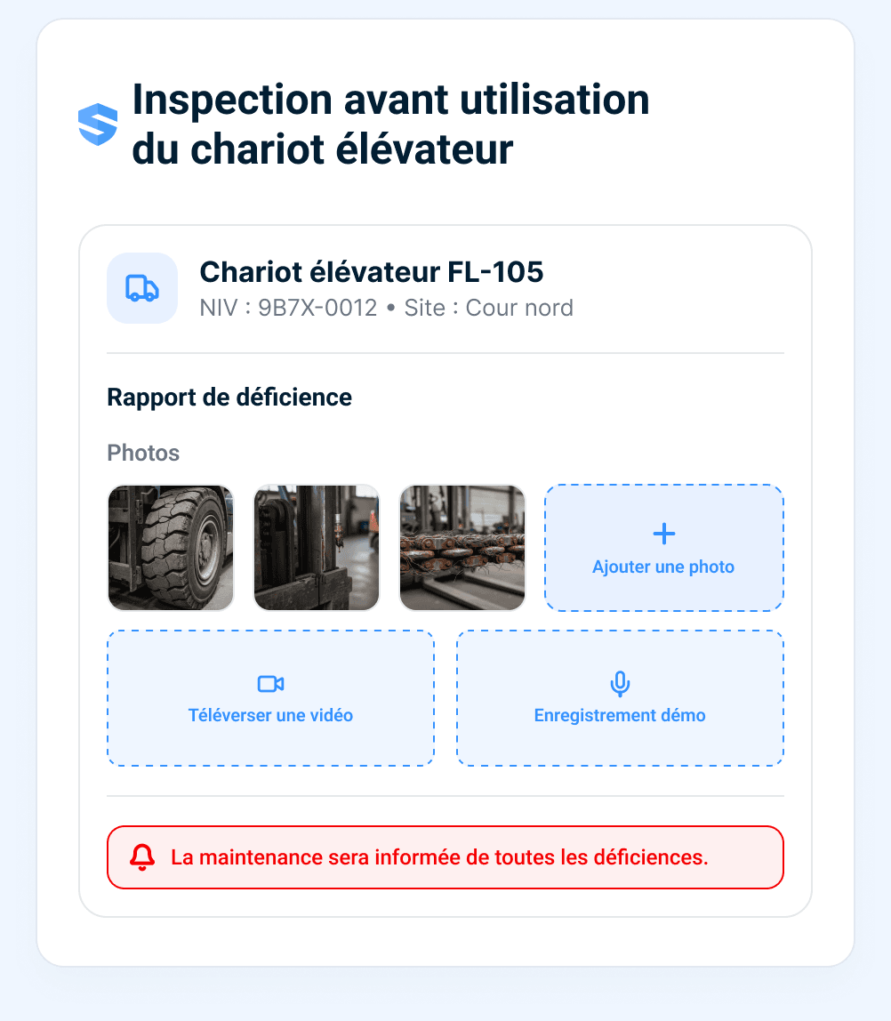 Rapport de déficience avec options de photos, de téléversement de vidéo et d'enregistrement vocal — entretien avisé automatiquement