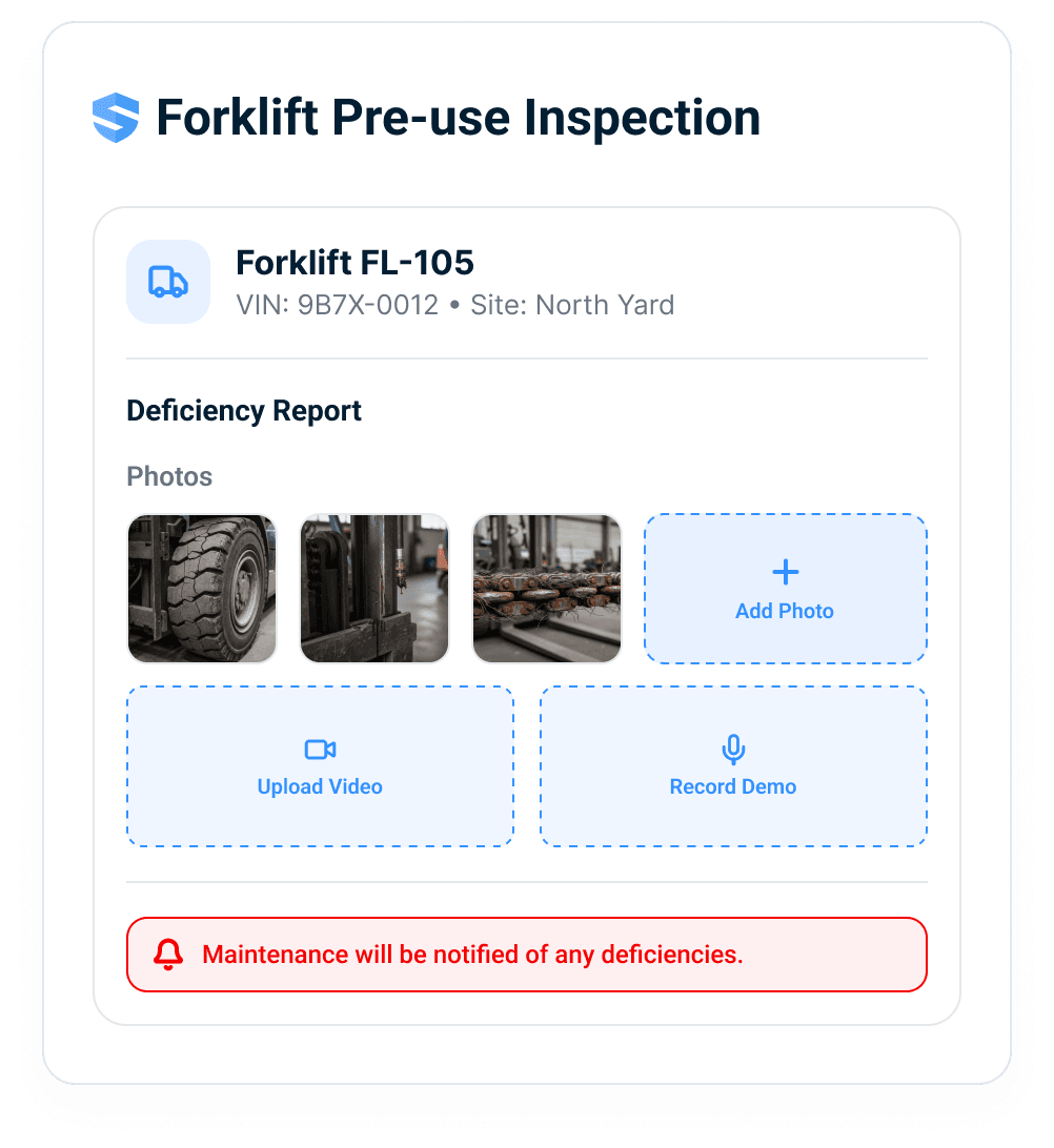 Deficiency report with photos, video upload, and voice recording options — maintenance notified automatically