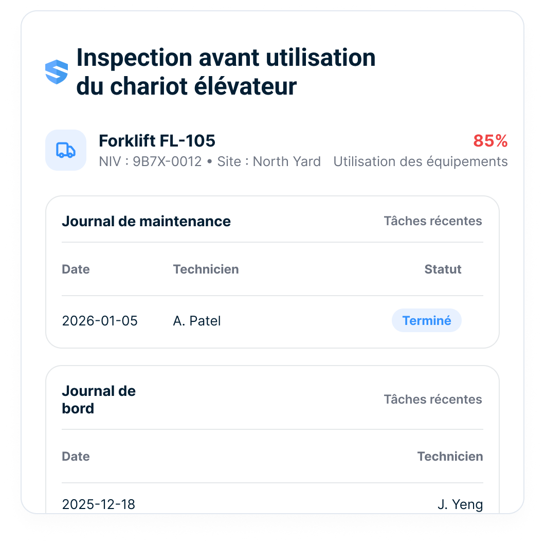 Vue unifiée de l'actif avec registre d'entretien, carnet de bord et utilisation de l'équipement à 85 %