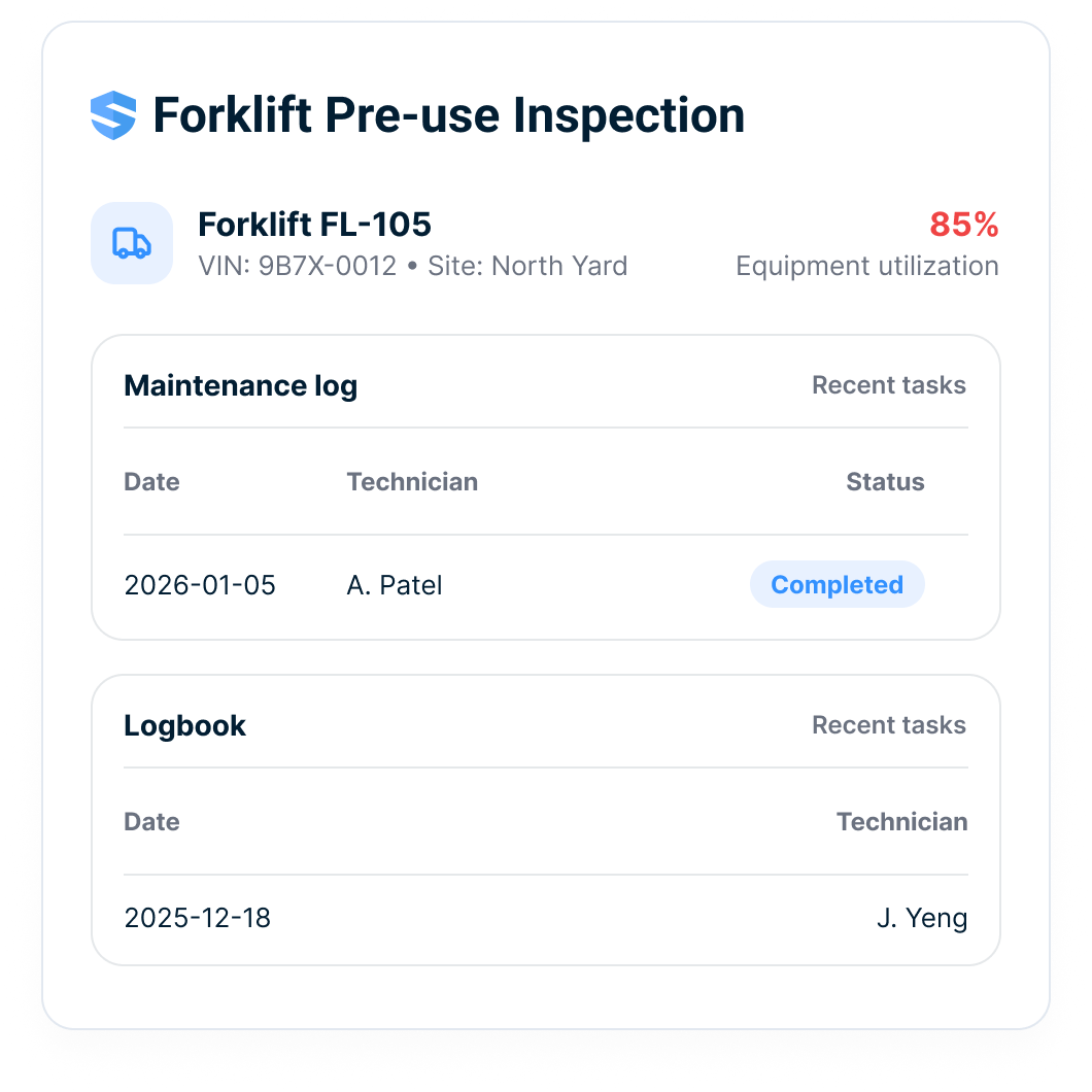 Unified asset view with maintenance log, logbook, and 85% equipment utilization