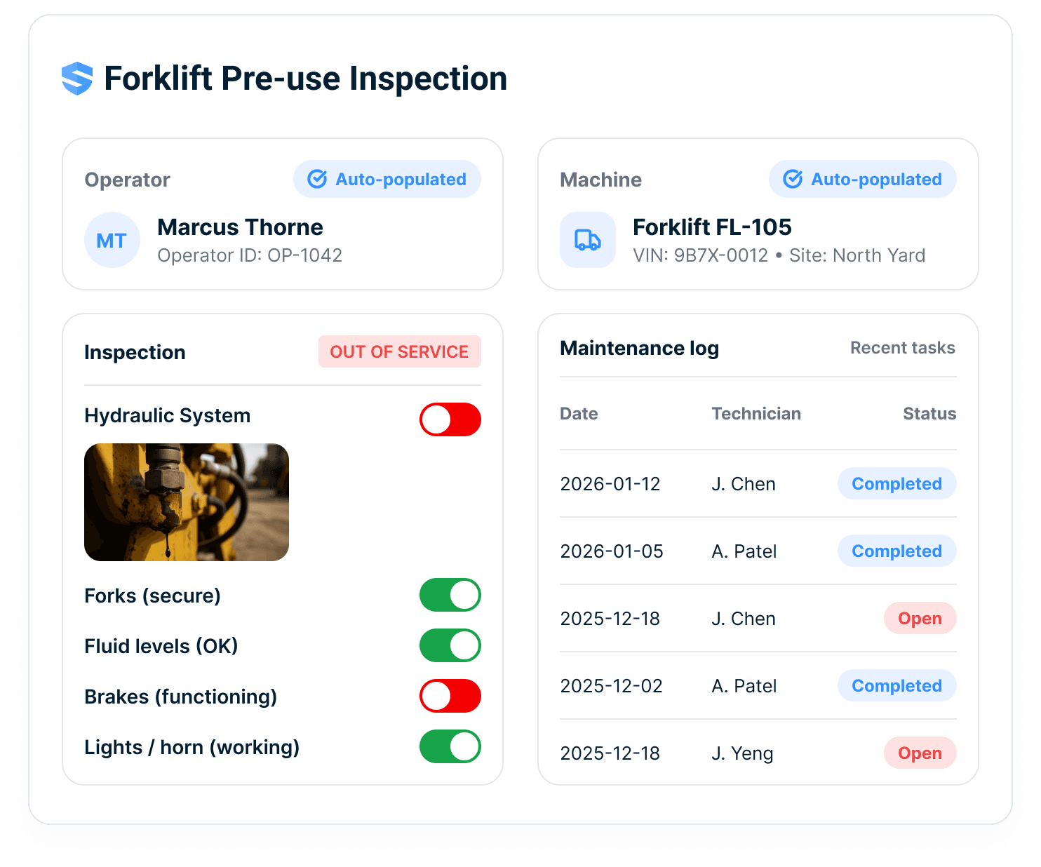 A forklift pre-use inspection connects the named operator and exact machine to an out-of-service finding and maintenance history