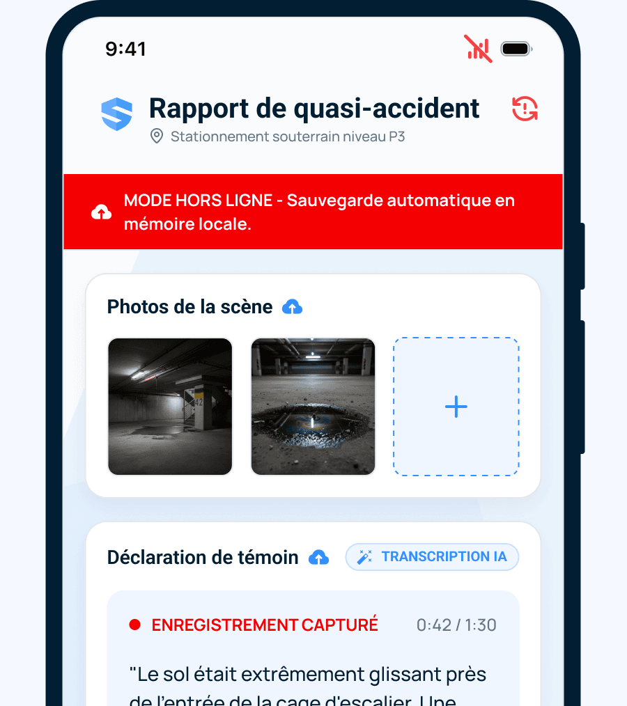 Rapport de quasi-accident en mode hors ligne sauvegardant automatiquement les photos des lieux et une déclaration de témoin saisie