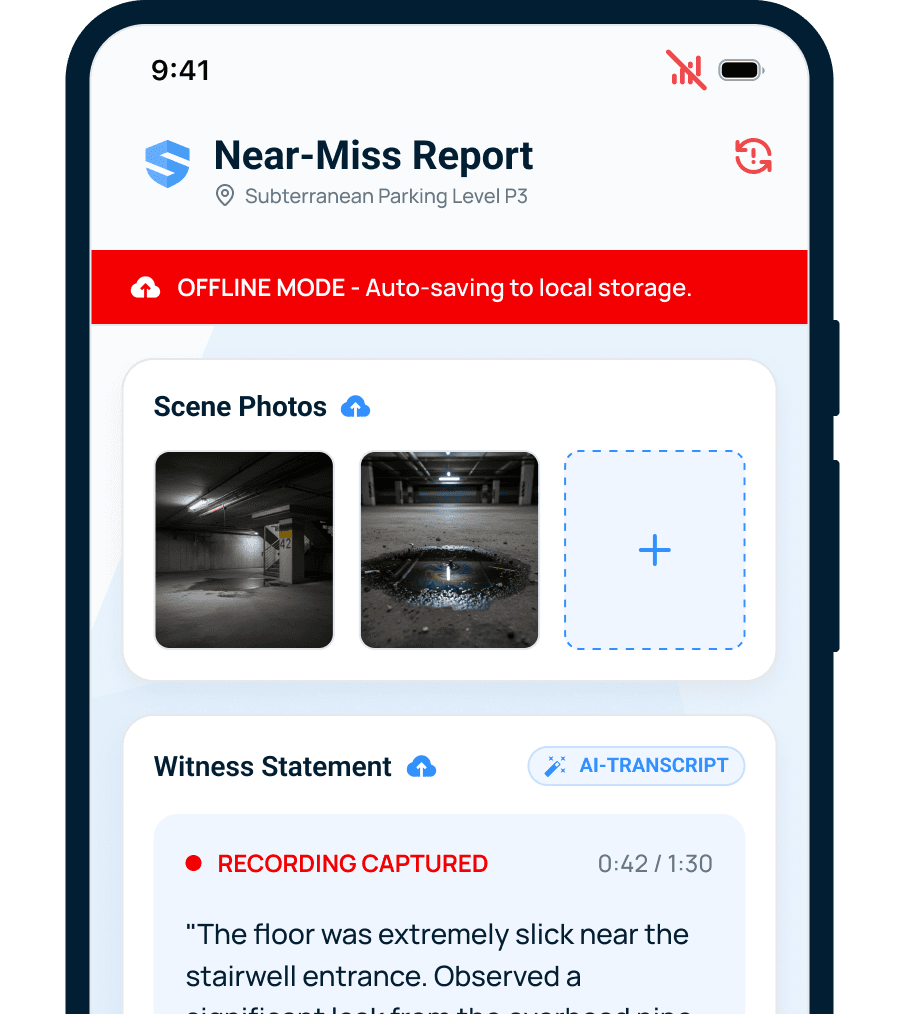 Near-miss report in offline mode auto-saving scene photos and a captured witness statement