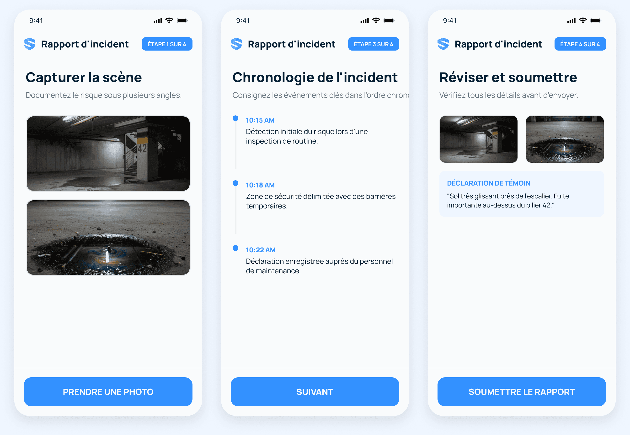 Flux de saisie d'incident montrant la chronologie des lieux, les preuves et la révision/soumission