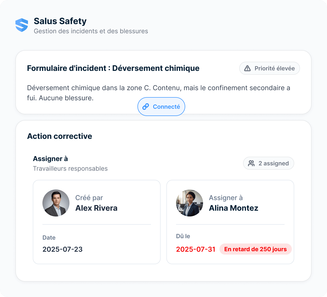 Formulaire d'incident relié à une mesure corrective assignée, avec responsable et date d'échéance
