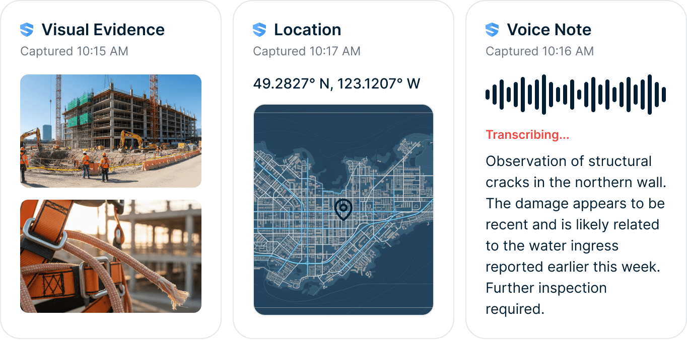 Incident record with photo evidence, GPS location, and a captured voice note