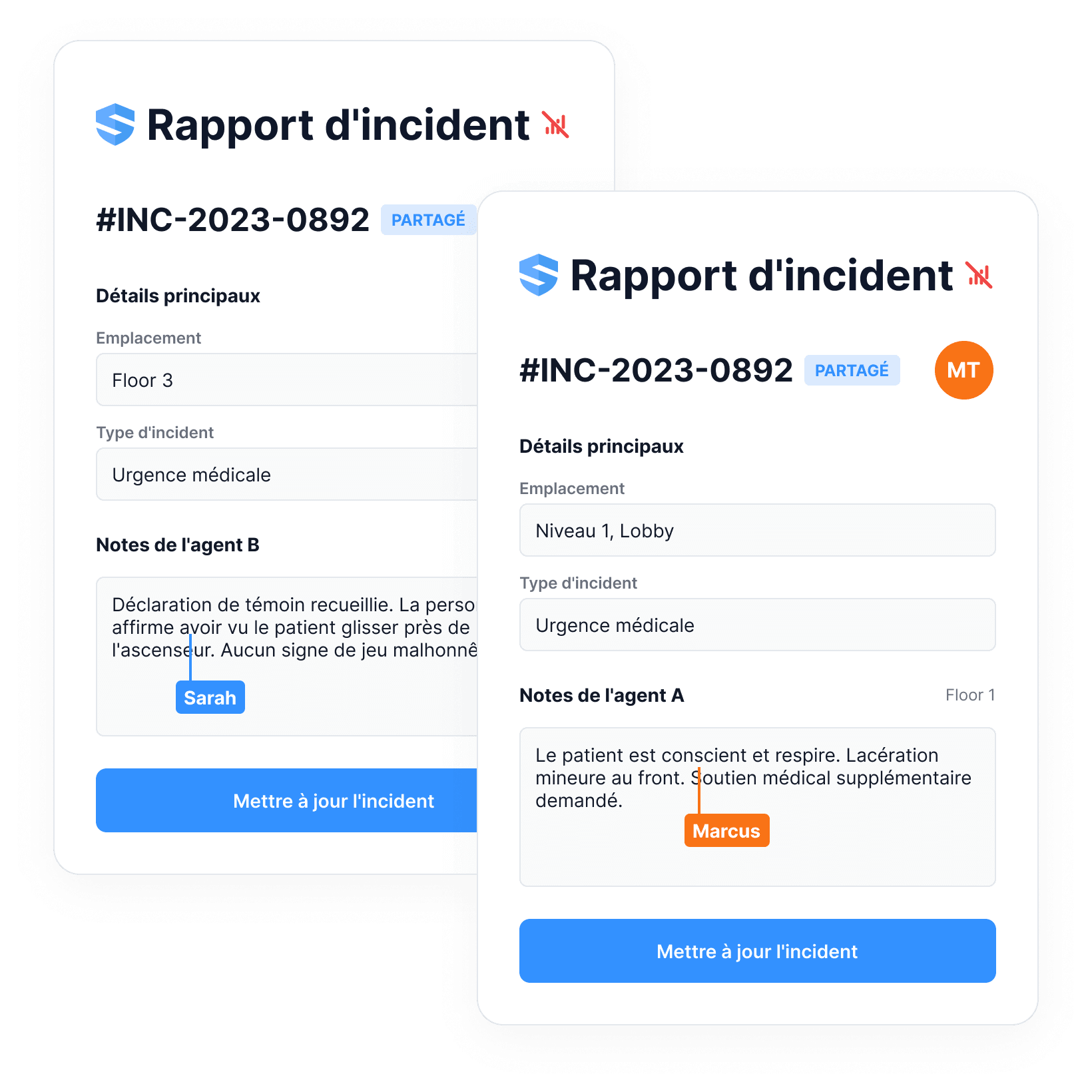 Deux rapports d'incident partagés, saisis par des agents différents à des étages différents, fusionnés en un seul dossier