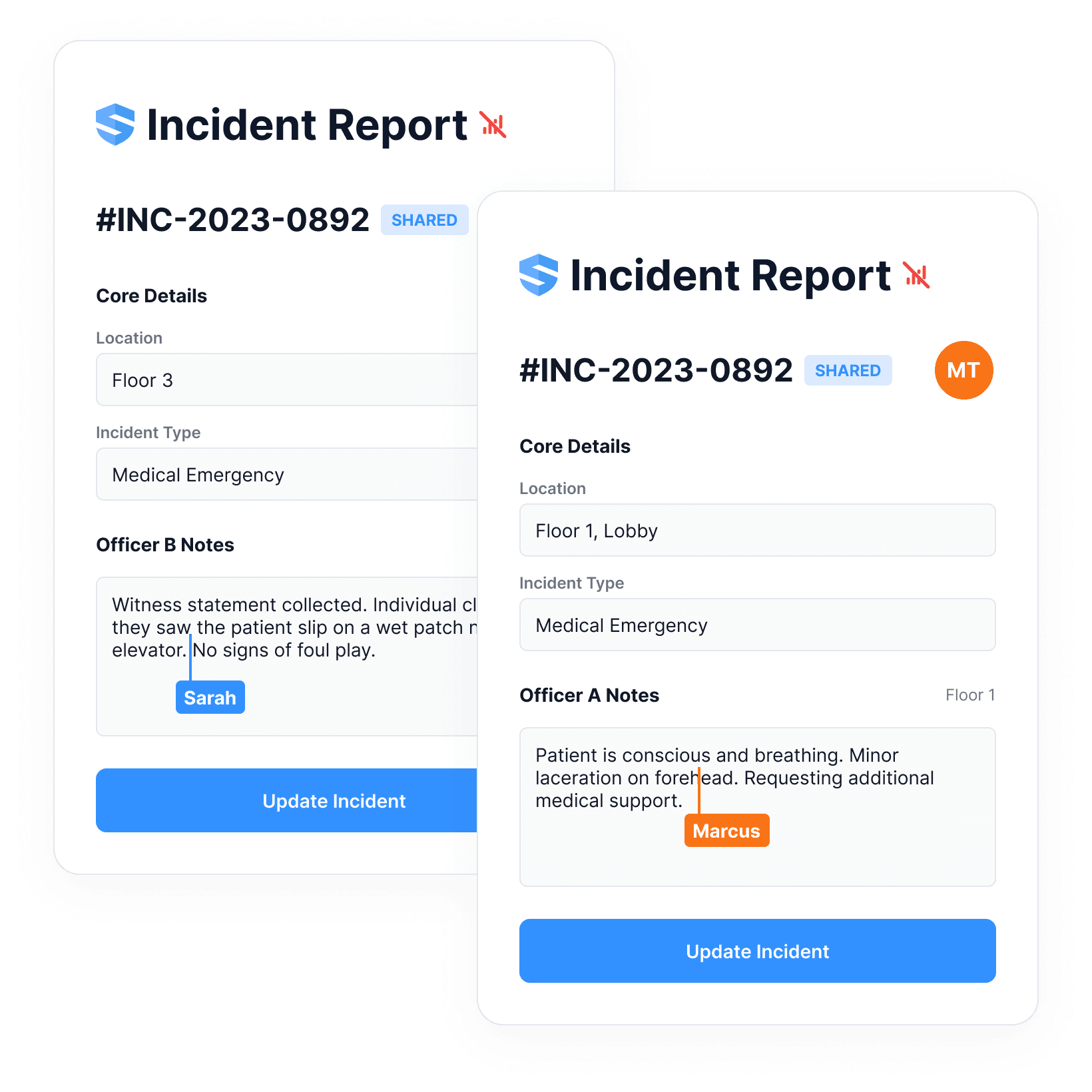 Two shared incident reports captured by different officers on different floors, merged into one record