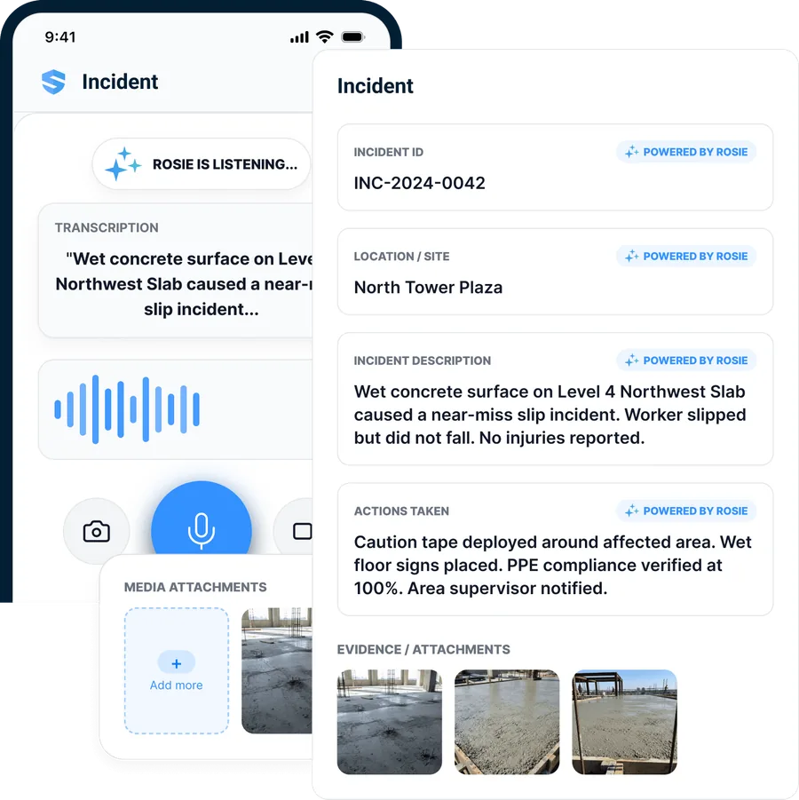 Rosie listening at the scene β a spoken narrative and waveform becoming structured incident record INC-2024-0042 with location, description, actions taken, and photo evidence attached β incident records built while the facts are still fresh