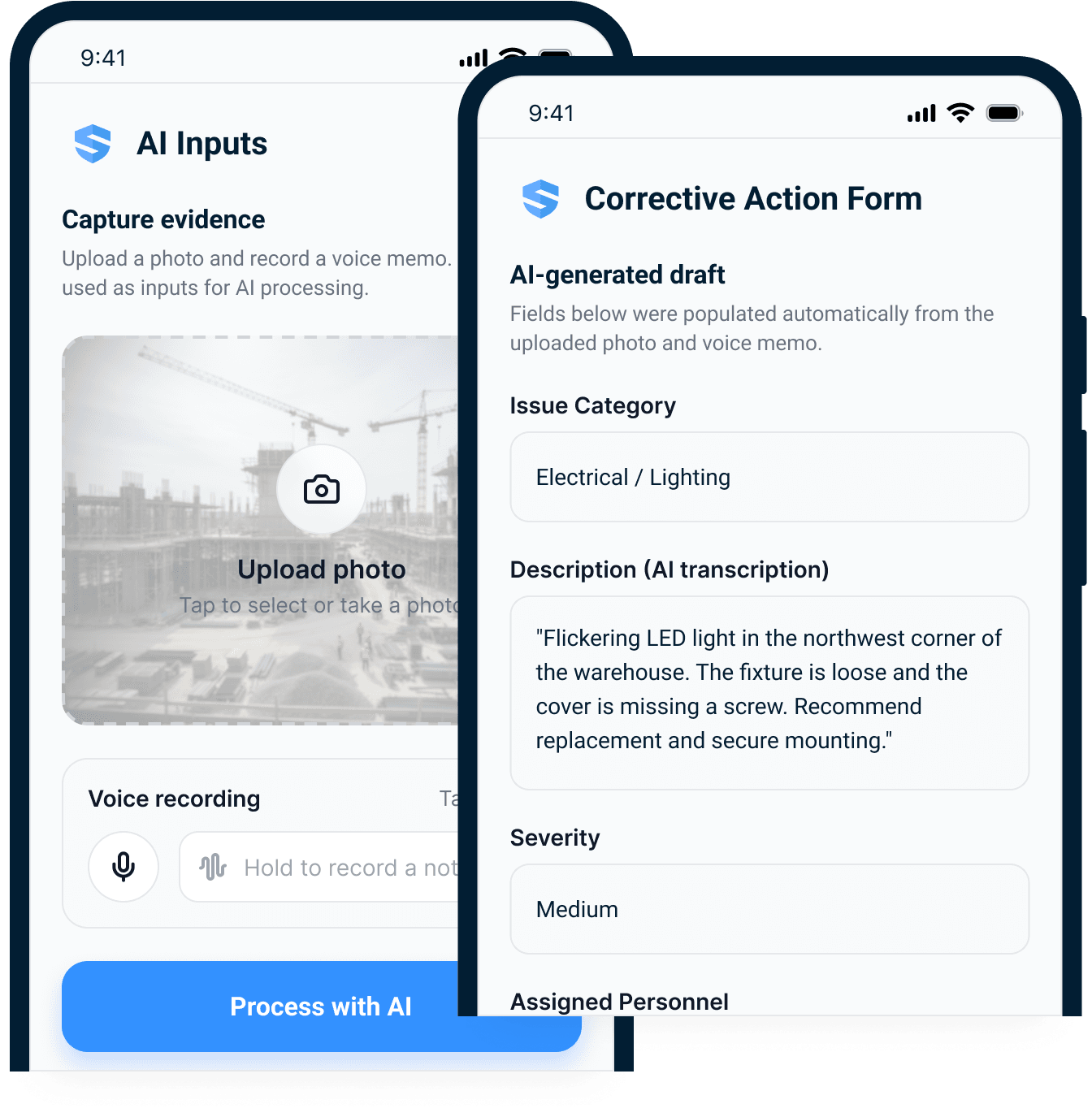 Two phones: an AI Inputs screen capturing a photo and voice recording, and the resulting corrective action form auto-populated with issue category, AI-transcribed description, and severity