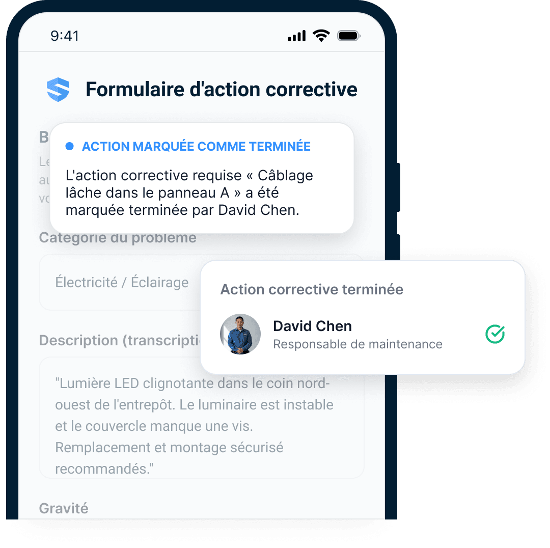 Formulaire de mesure corrective avec une bannière « Mesure marquée comme terminée » et une carte de confirmation montrant David Chen, chef de la maintenance, qui ferme la boucle avec un crochet vert