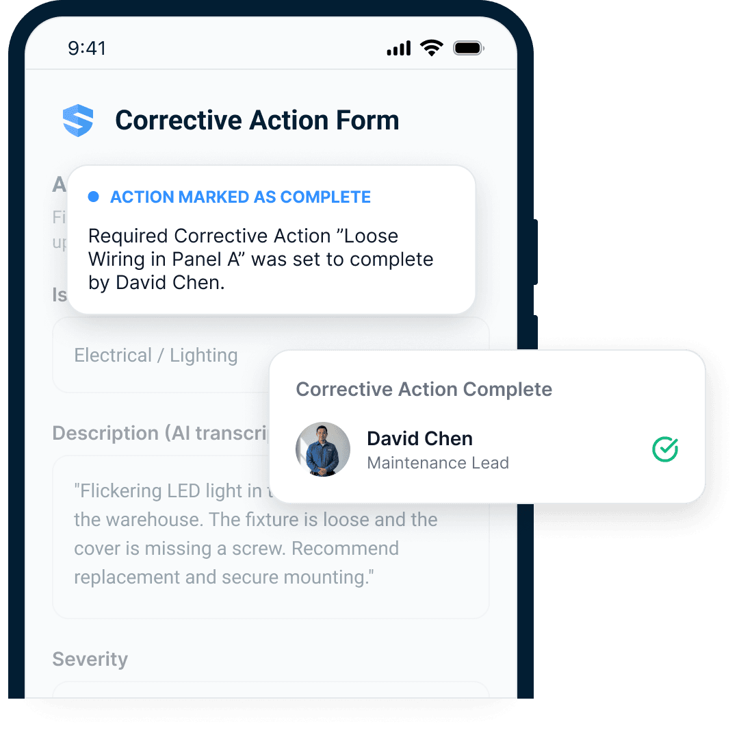 Corrective action form with an 'Action marked as complete' banner and a confirmation card showing David Chen, Maintenance Lead, closing the loop with a green check