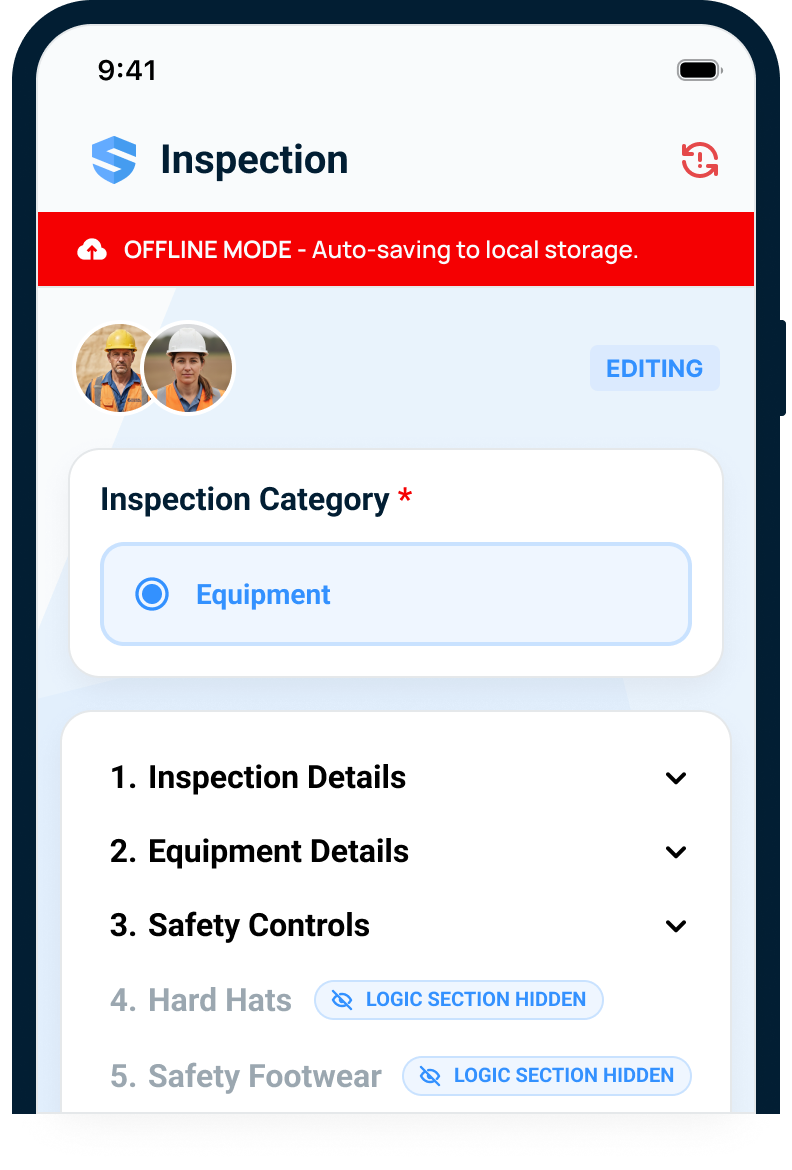 Phone in offline mode with a red auto-saving banner, an equipment inspection form being edited by two workers at once, and conditional logic sections hidden