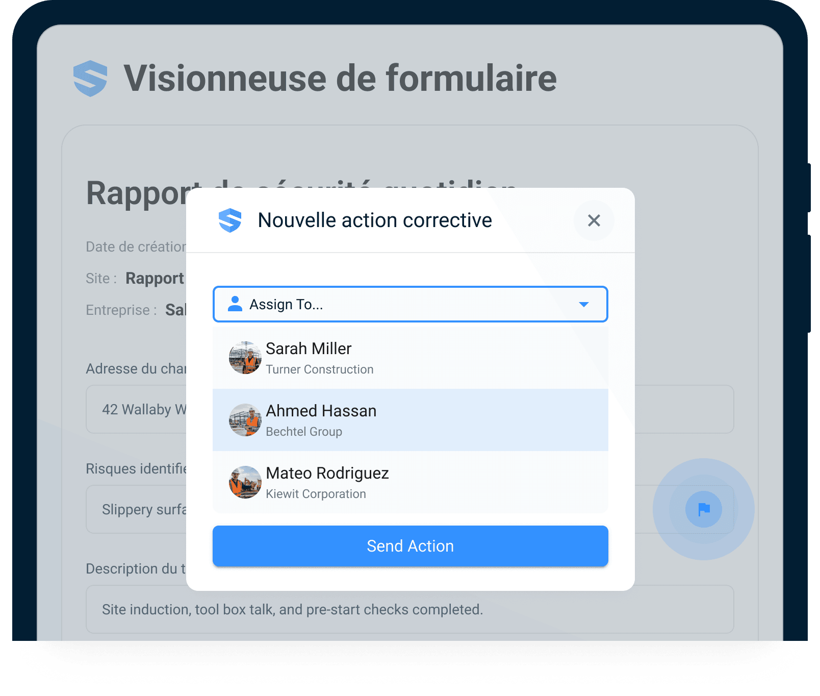 Fenêtre de nouvelle mesure corrective ouverte dans un rapport quotidien de sécurité, avec une liste déroulante « Assigner à » énumérant des travailleurs individuels et un bouton « Envoyer la mesure »