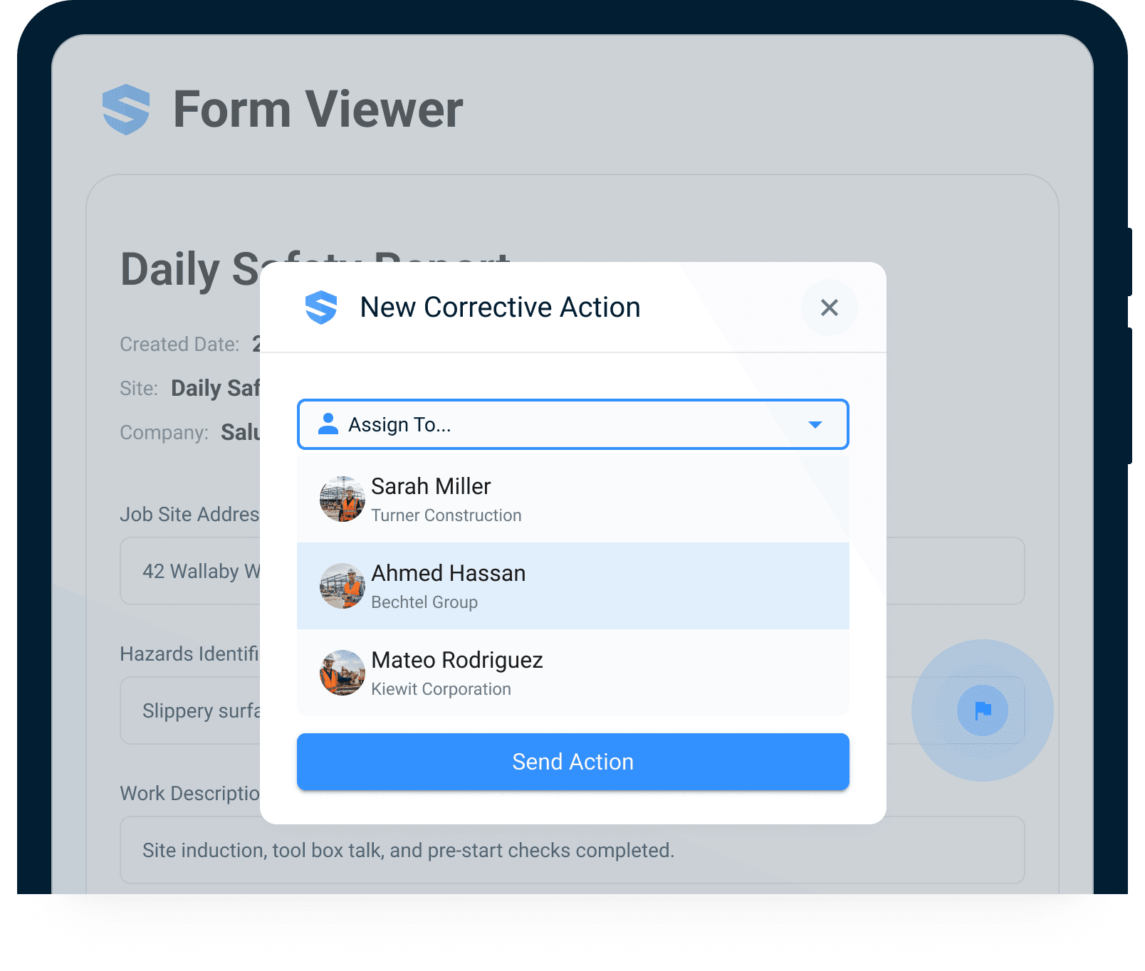 New Corrective Action modal opened inside a daily safety report, with an Assign To dropdown listing individual workers and a Send Action button
