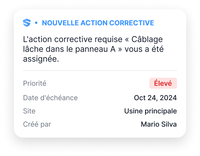 Carte de notification poussée indiquant que la nouvelle mesure corrective « Câblage lâche dans le panneau A » vous a été assignée, avec la priorité élevée, une date d'échéance, le chantier et l'auteur de la mesure