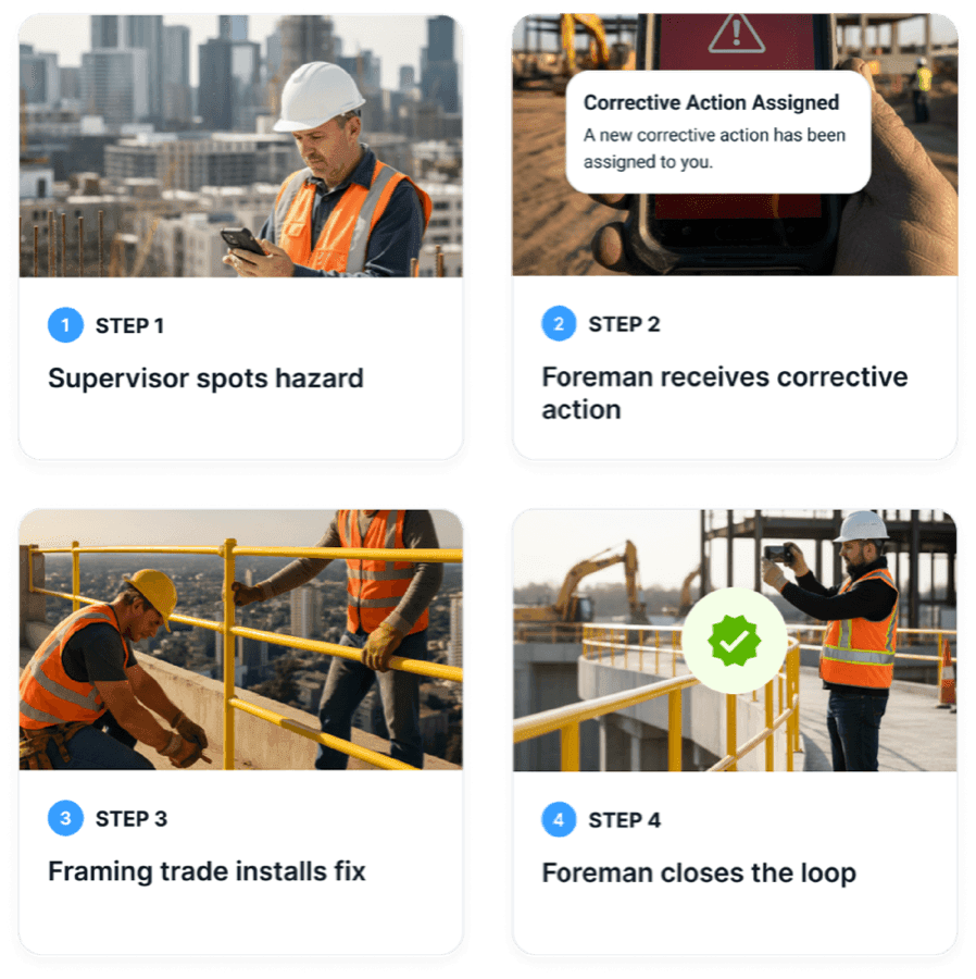 Four-step story: a supervisor spots a hazard on an upper floor with his phone, the foreman receives a corrective action notification, the framing trade installs yellow guardrails, and the foreman photographs the fix to close the loop