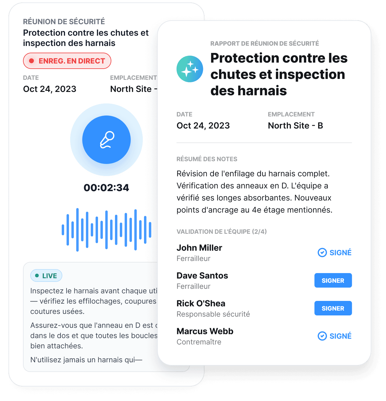 Une fiche d'enregistrement en direct pour une pause-sécurité Protection contre les chutes et inspection des harnais, avec une forme d'onde à 2 minutes 34 secondes, à côté du rapport de pause-sécurité terminé — un résumé en notes des vérifications de harnais couvertes et une liste d'approbation de l'équipe, deux signatures recueillies et deux en attente