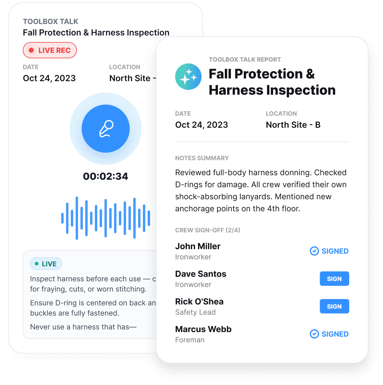 A live-recording card for a Fall Protection & Harness Inspection talk with a waveform at 2 minutes 34 seconds, beside the finished toolbox talk report β a notes summary of the harness checks covered and a crew sign-off list with two signed and two pending
