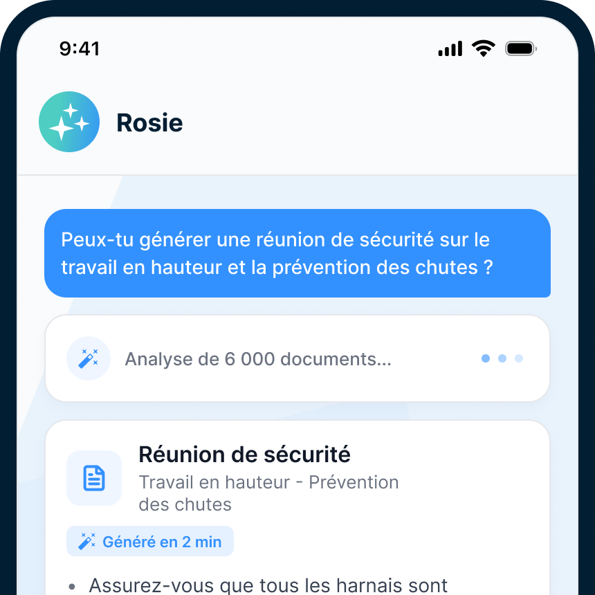 Le clavardage Rosie sur un téléphone : un contremaître demande une pause-sécurité sur le travail en hauteur et la prévention des chutes, Rosie affiche « Analyse de 6 000 documents… » et renvoie une pause-sécurité générée avec des points sur l'inspection des harnais, arborant l'insigne « Générée en 2 min »