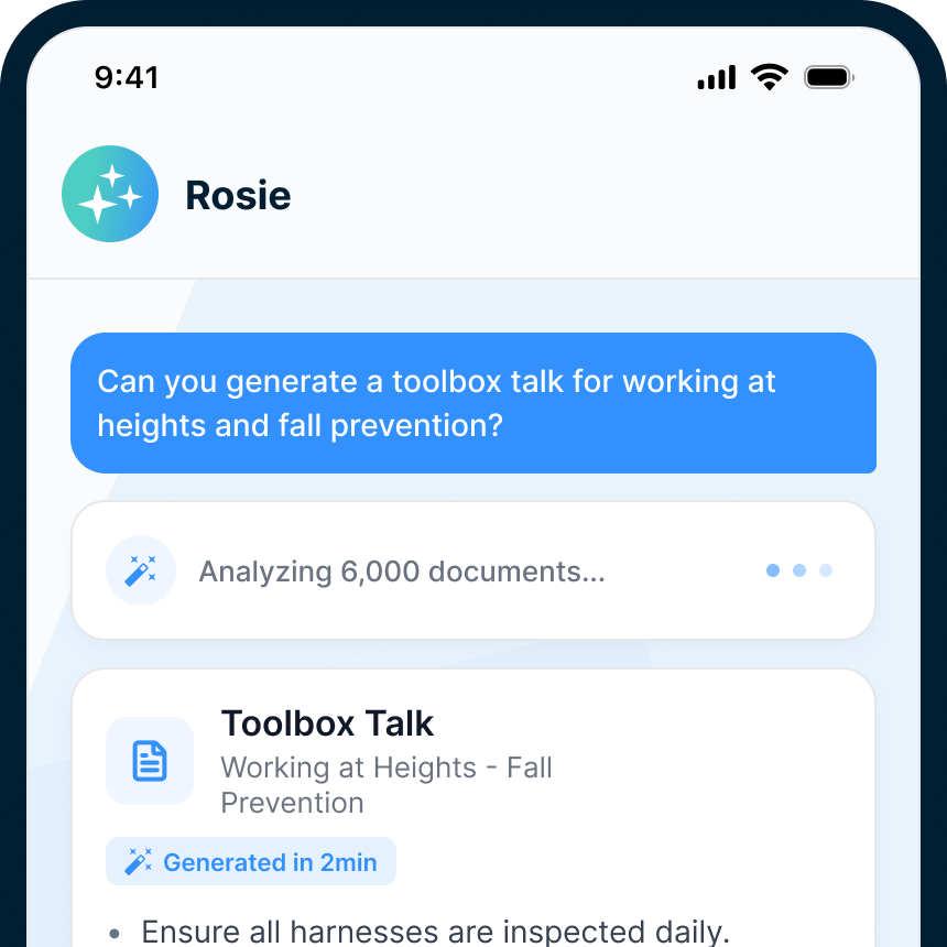 The Rosie chat on a phone: a foreman asks for a toolbox talk on working at heights and fall prevention, Rosie shows 'Analyzing 6,000 documentsβ¦' and returns a generated talk with harness-inspection bullet points, badged Generated in 2min