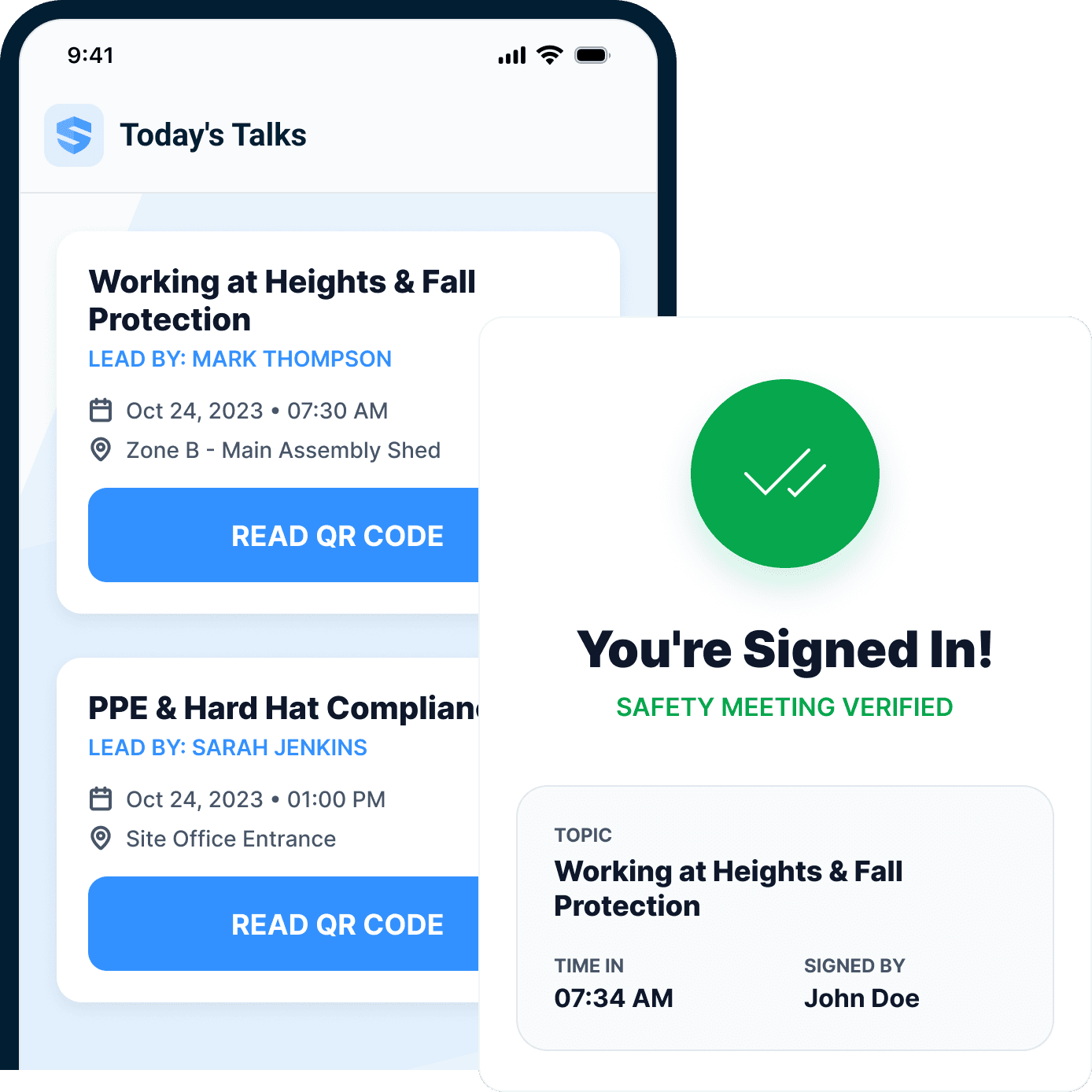 Today's Talks on a phone listing two scheduled toolbox talks with leaders, times, locations, and Read QR Code buttons, beside a green You're Signed In confirmation verifying the safety meeting with the topic, time in, and the worker's name