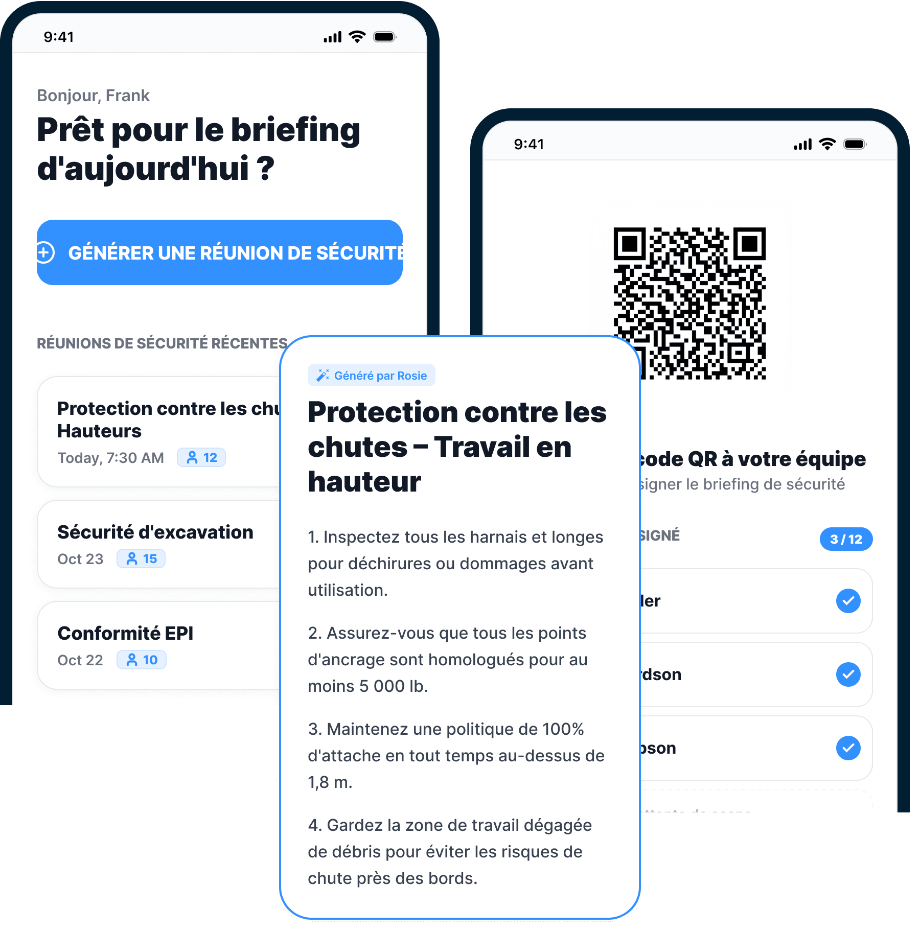 Le téléphone d'un contremaître l'accueille avec « Prêt pour le breffage du jour ? » au-dessus d'un bouton « Générer une pause-sécurité » et des pauses-sécurité récentes, tandis qu'une pause-sécurité Protection contre les chutes – Travail en hauteur générée par Rosie flotte à côté d'un second téléphone affichant le code QR que les équipes balaient pour signer le breffage de sécurité — trois travailleurs sur douze déjà enregistrés