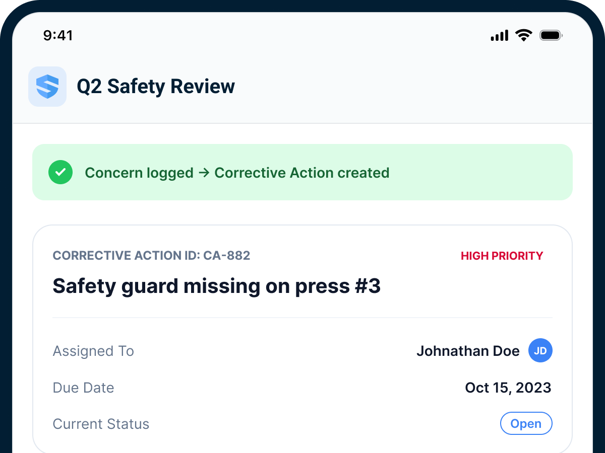 A Q2 Safety Review screen with a green banner reading 'Concern logged β Corrective Action created' above corrective action CA-882, 'Safety guard missing on press #3' β high priority, assigned to Johnathan Doe, due October 15, status open