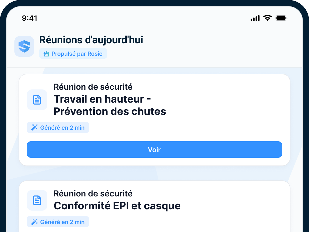 Une file « Pauses-Sécurité du jour » propulsée par Rosie présentant deux pauses-sécurité — Travail en hauteur – Prévention des chutes et Conformité EPI et casques — chacune arborant l'insigne « Générée en 2 min », avec un bouton « Voir » sur la première