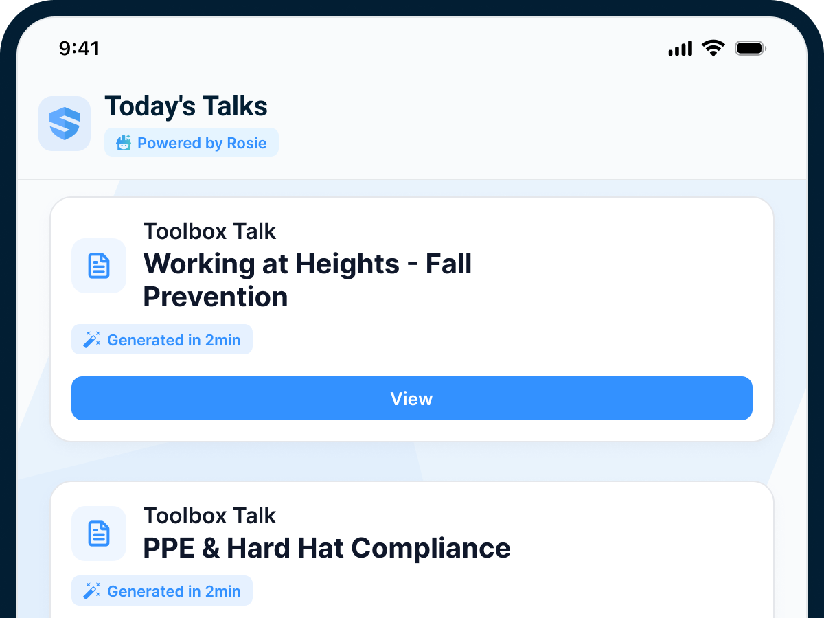 A Today's Talks queue powered by Rosie listing two toolbox talks β Working at Heights β Fall Prevention and PPE & Hard Hat Compliance β each badged 'Generated in 2min', with a View button on the first