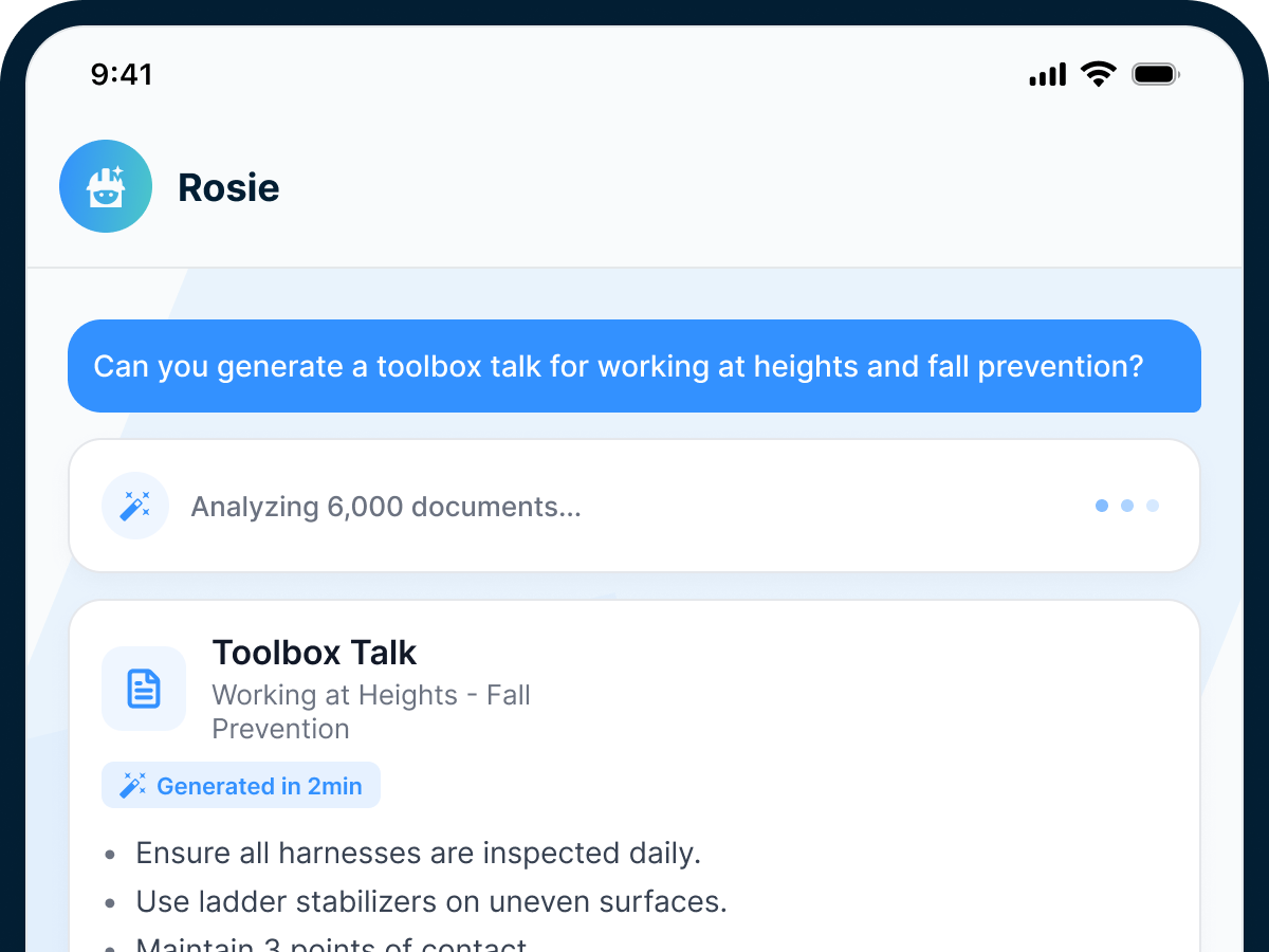 Rosie analyzes company documents and generates a working-at-heights toolbox talk for review