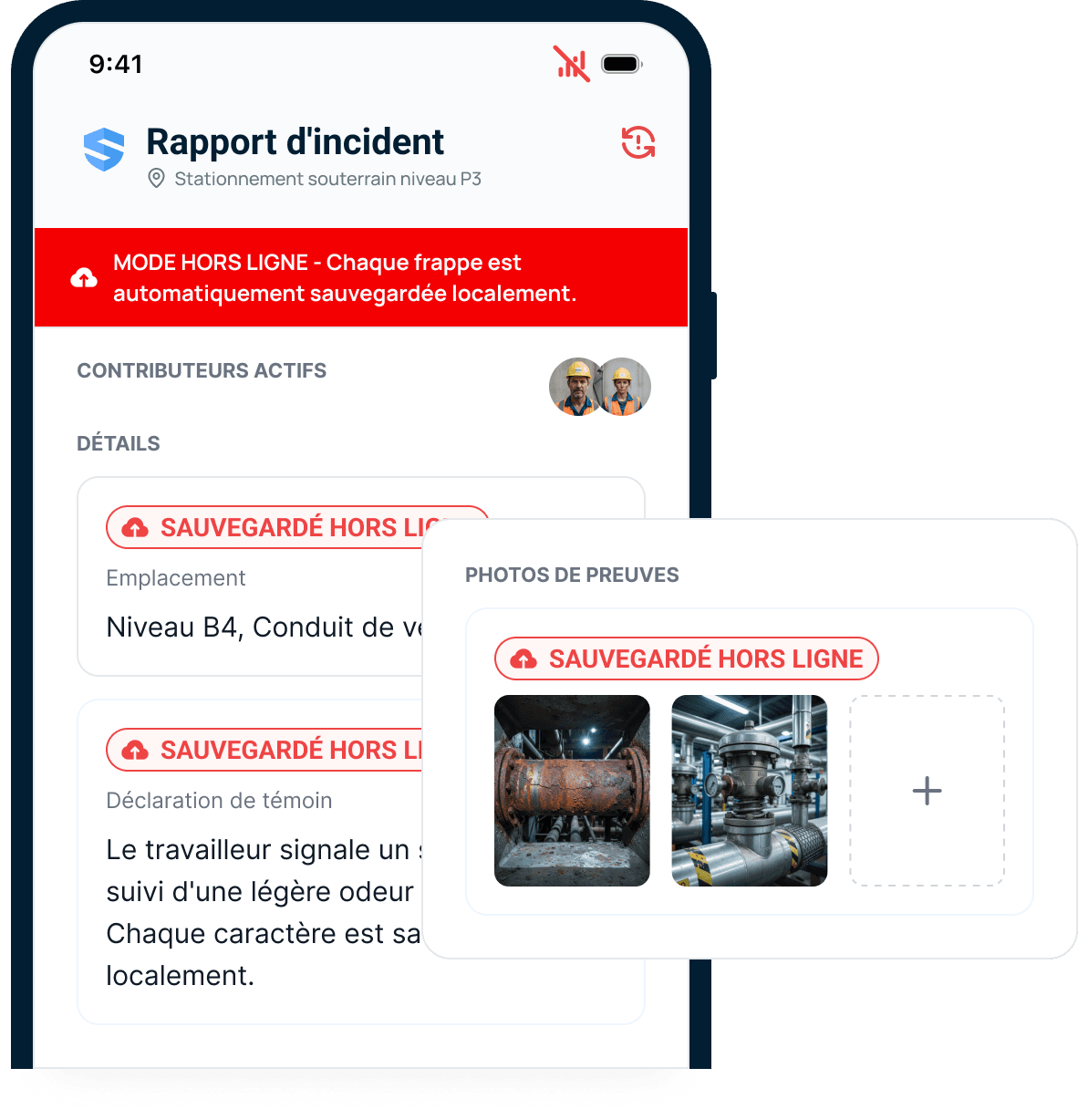 Téléphone affichant un rapport d'incident sous une bannière rouge indiquant « Mode hors ligne — chaque frappe est sauvegardée automatiquement en local », avec des pastilles « Enregistré hors ligne » sur le champ de localisation, la déclaration de témoin et les photos de preuve